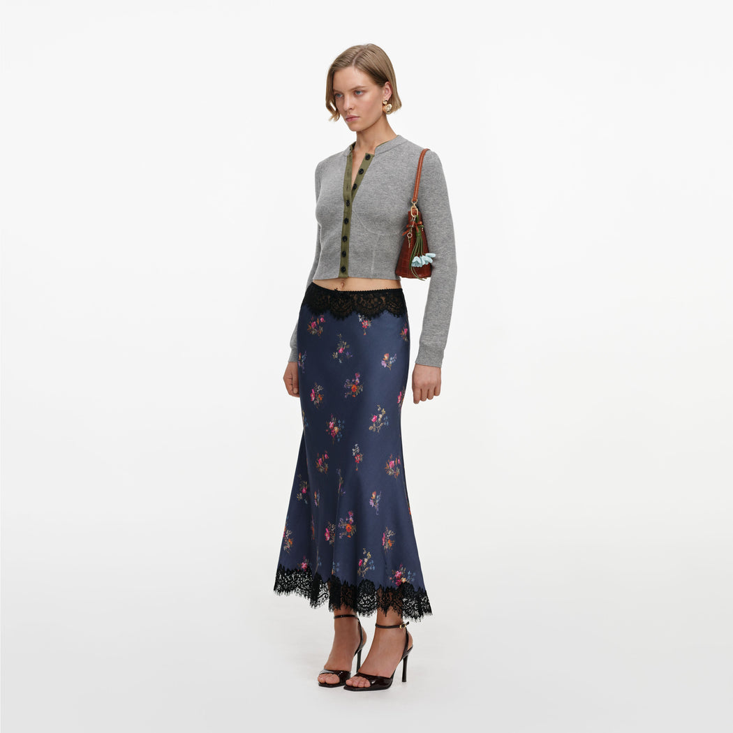 Navy Satin Printed Lace Midi Skirt