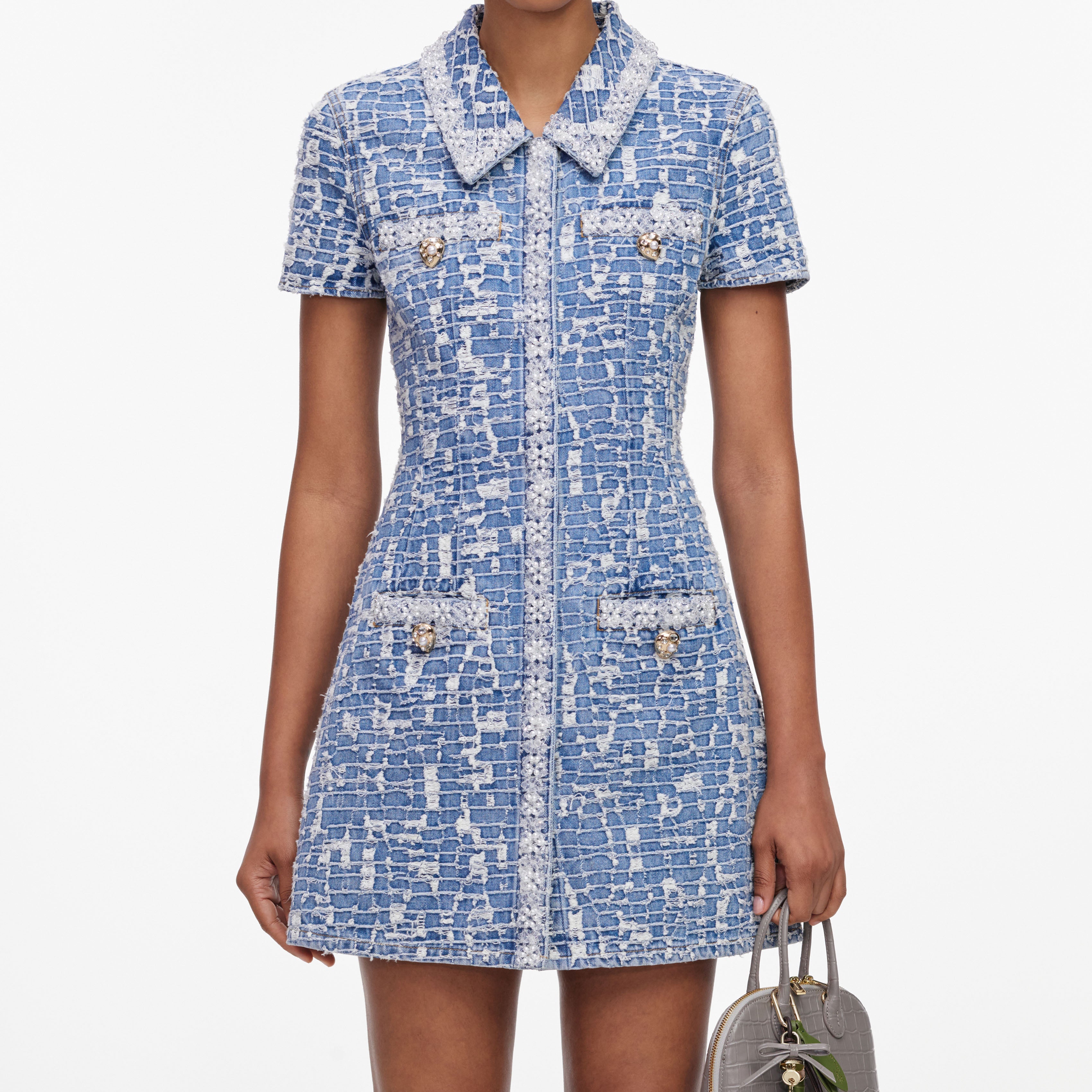 Blue Collared Textured Denim Mini Dress