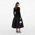 Black Chenille Taffeta Midi Dress