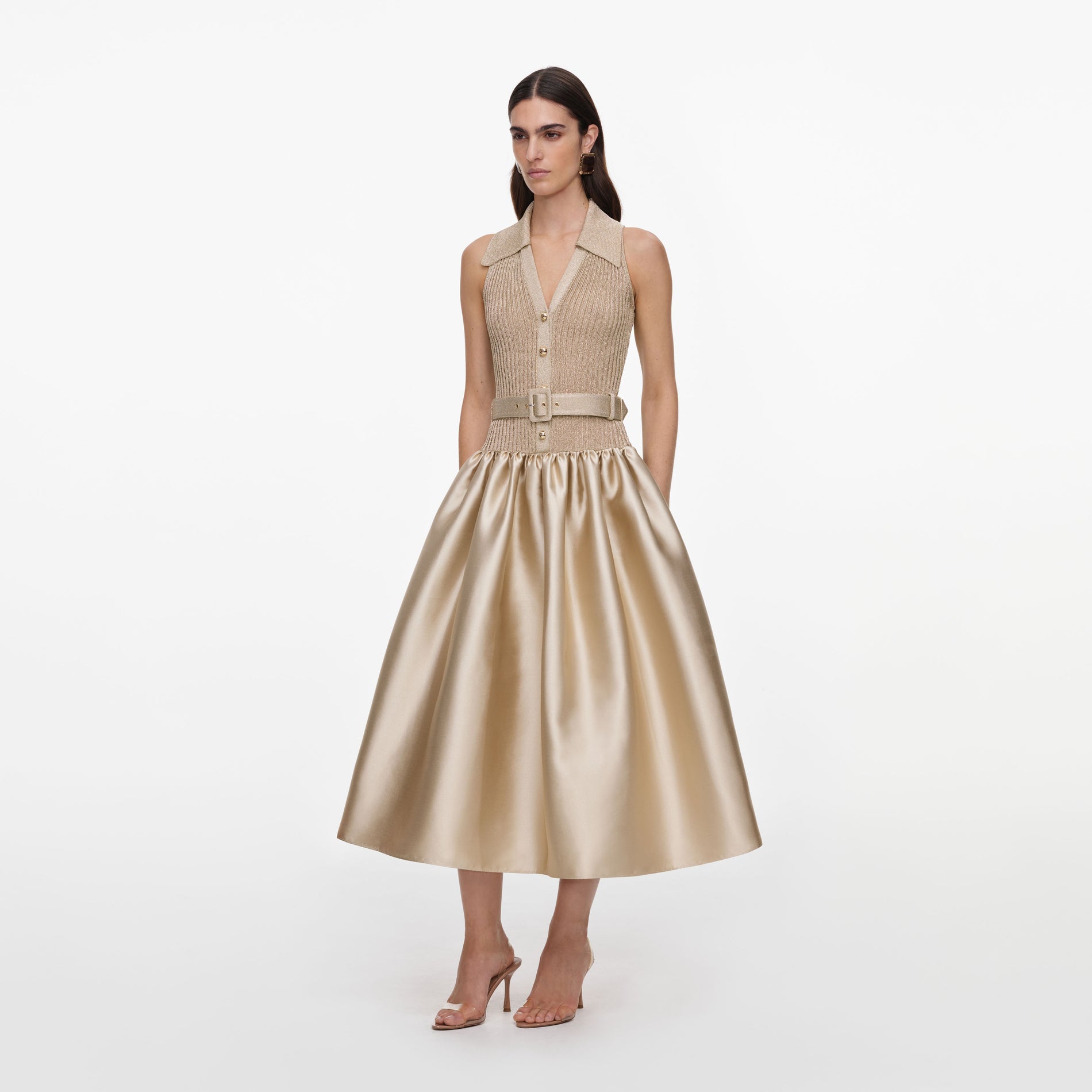Gold Sleeveless Knit Taffeta Midi Dress