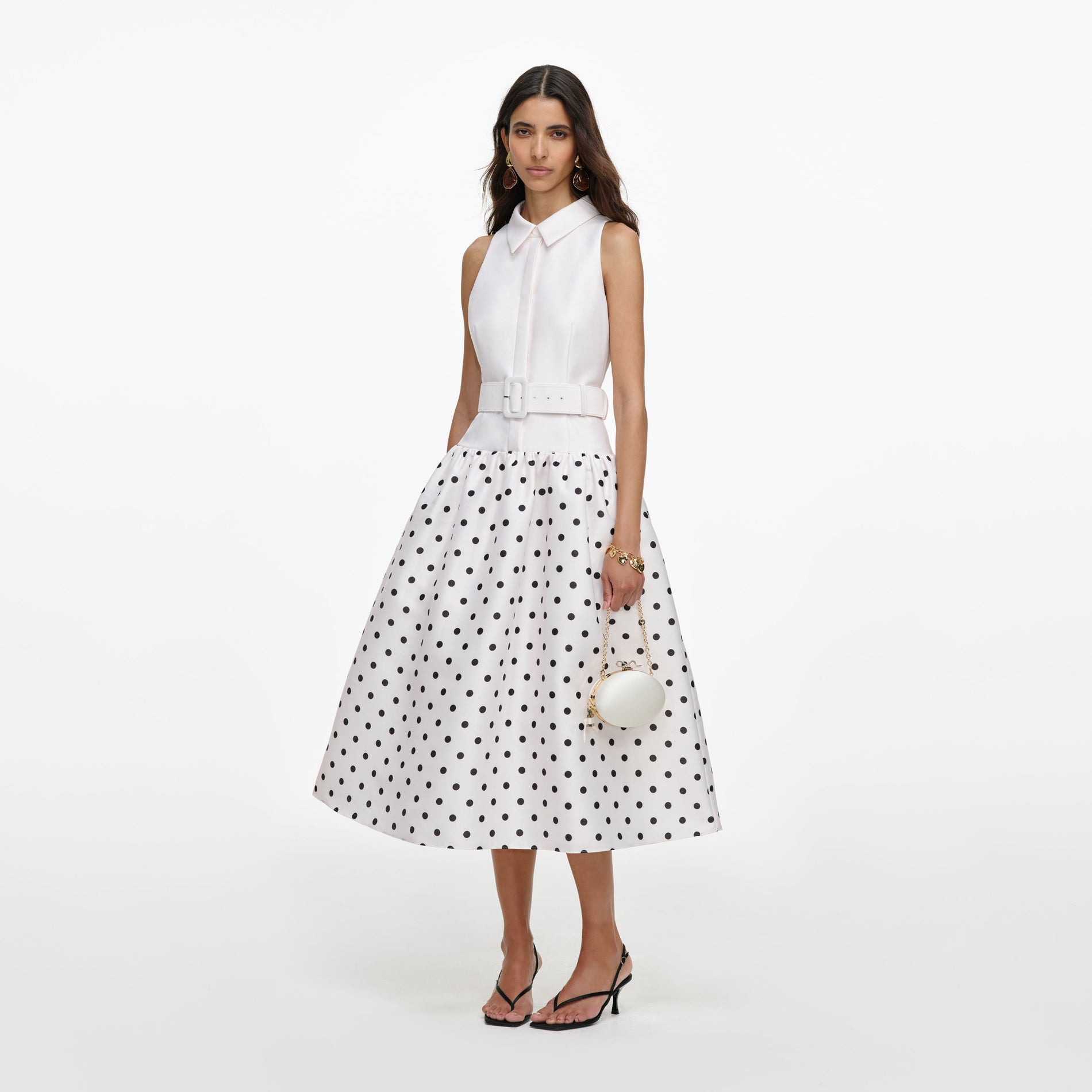 Off White Sleeveless Polka Dot Midi Dress