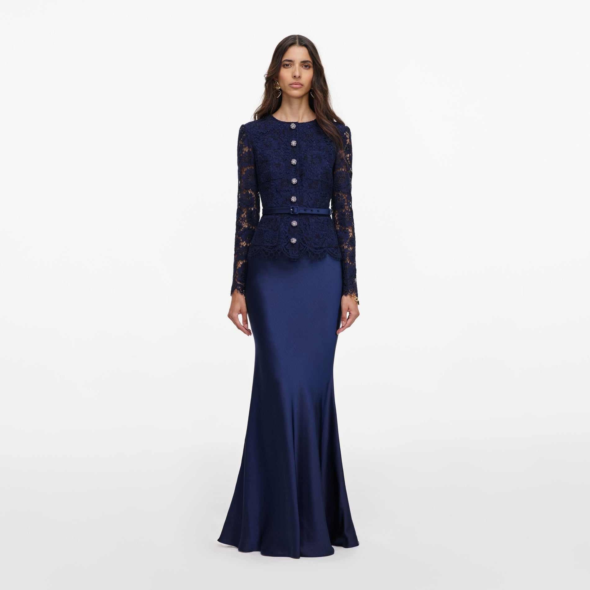 Navy Tailored Lace Satin Maxi Dress