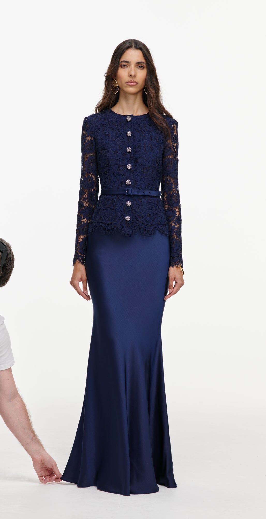 Navy Tailored Lace Satin Maxi Dress