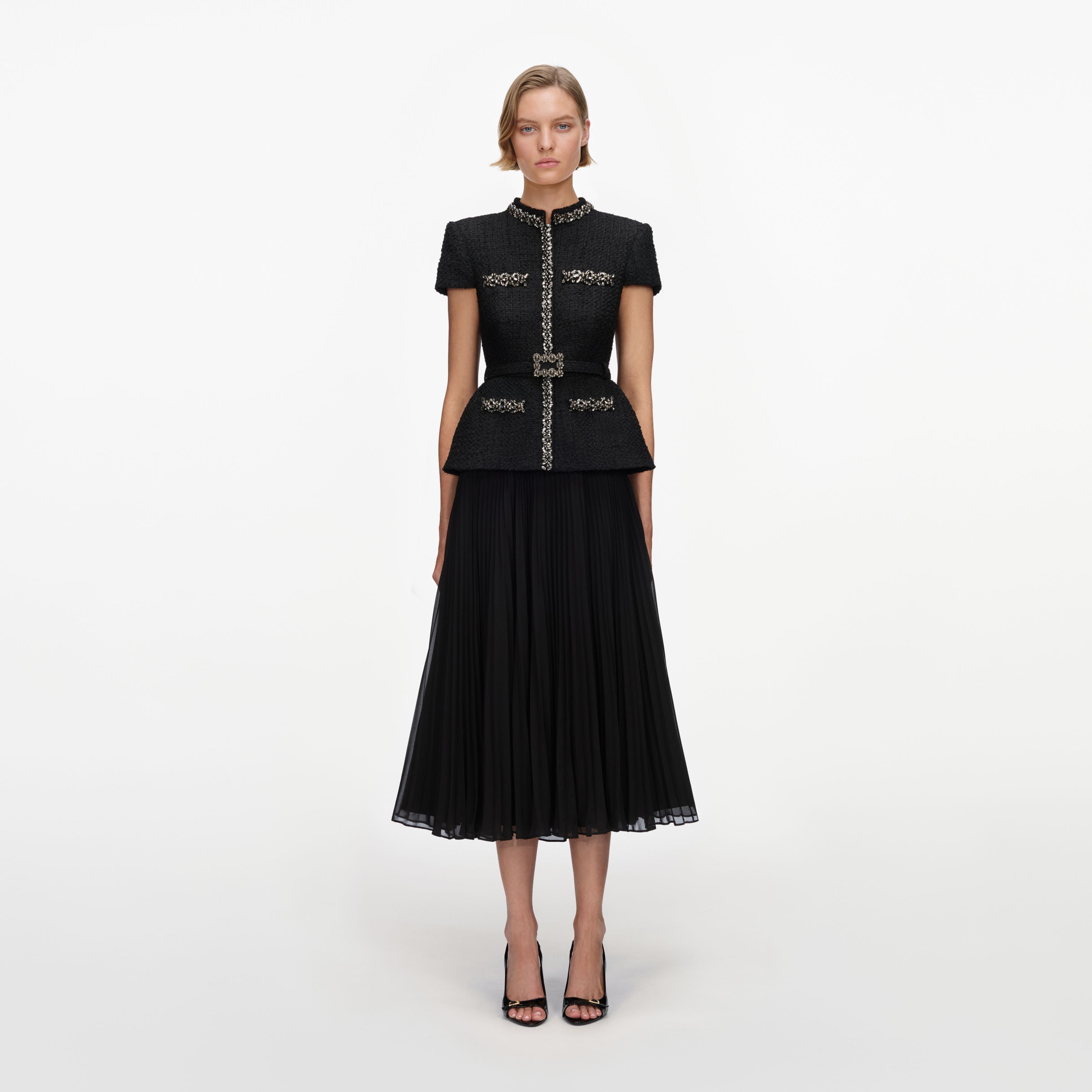 Black Boucle Crystal Trim Chiffon Midi Dress