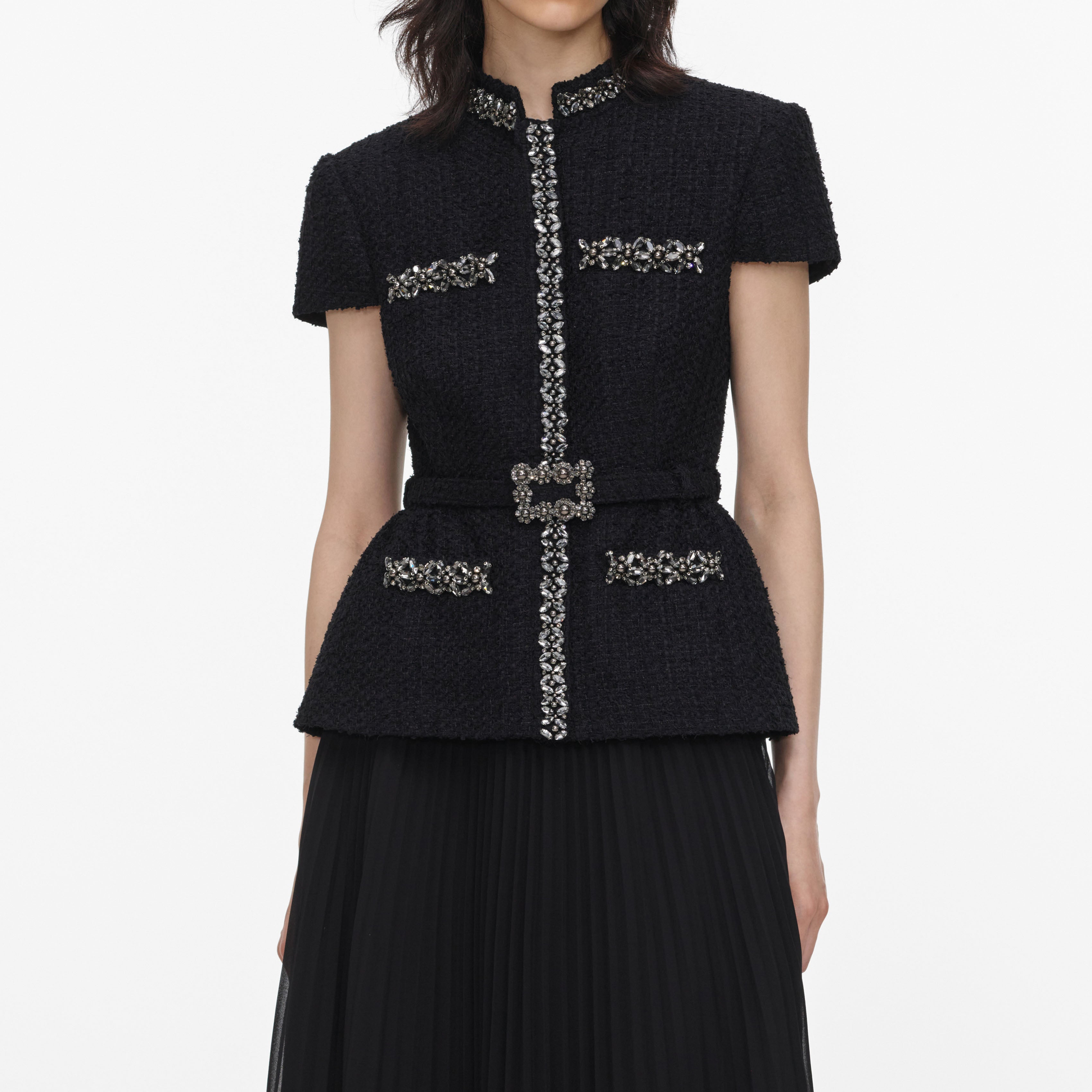 Black Boucle Crystal Trim Chiffon Midi Dress