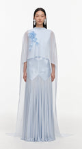Blue Satin Jersey Cape Maxi Dress