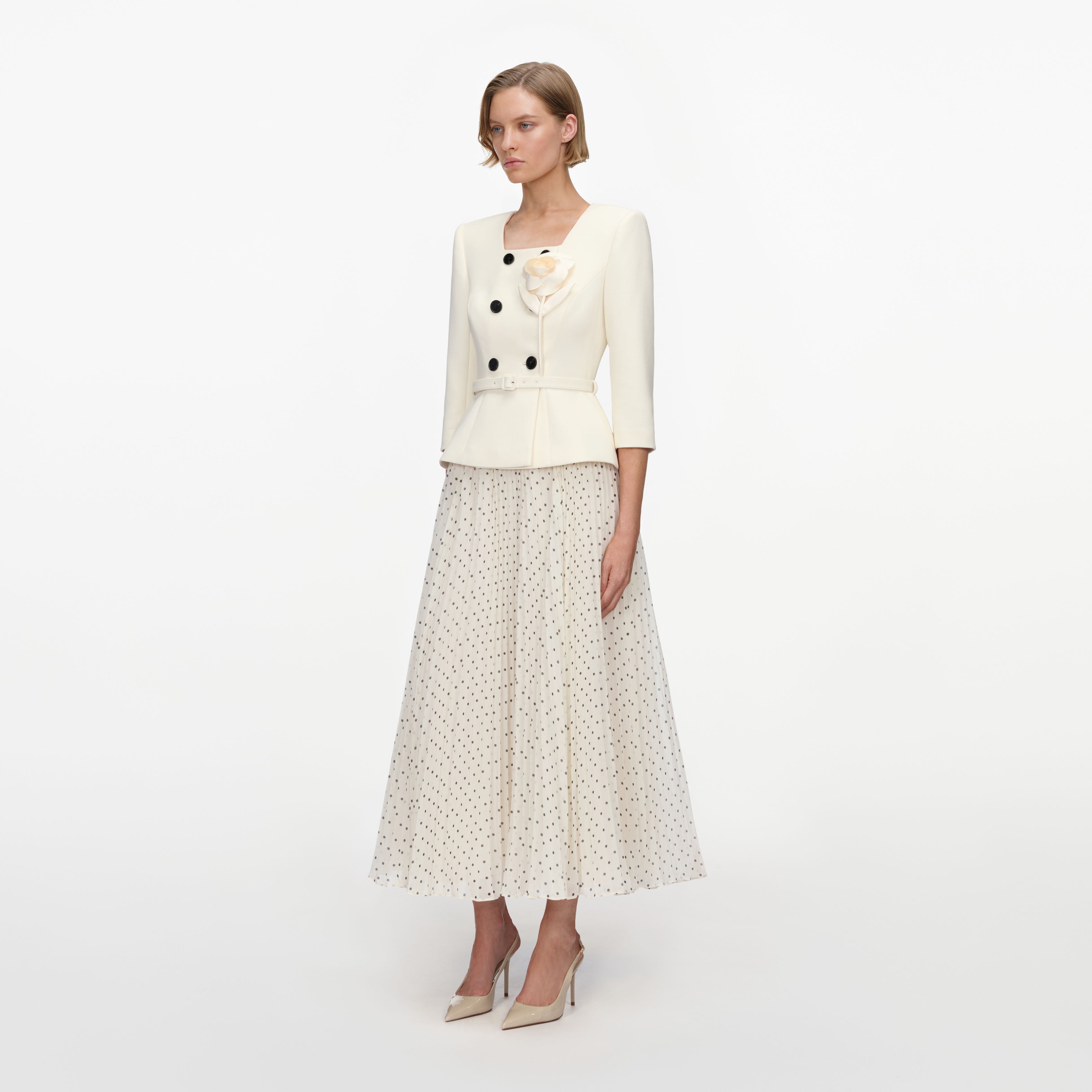 Cream 3D Flower Polka Dot Chiffon Midi Dress