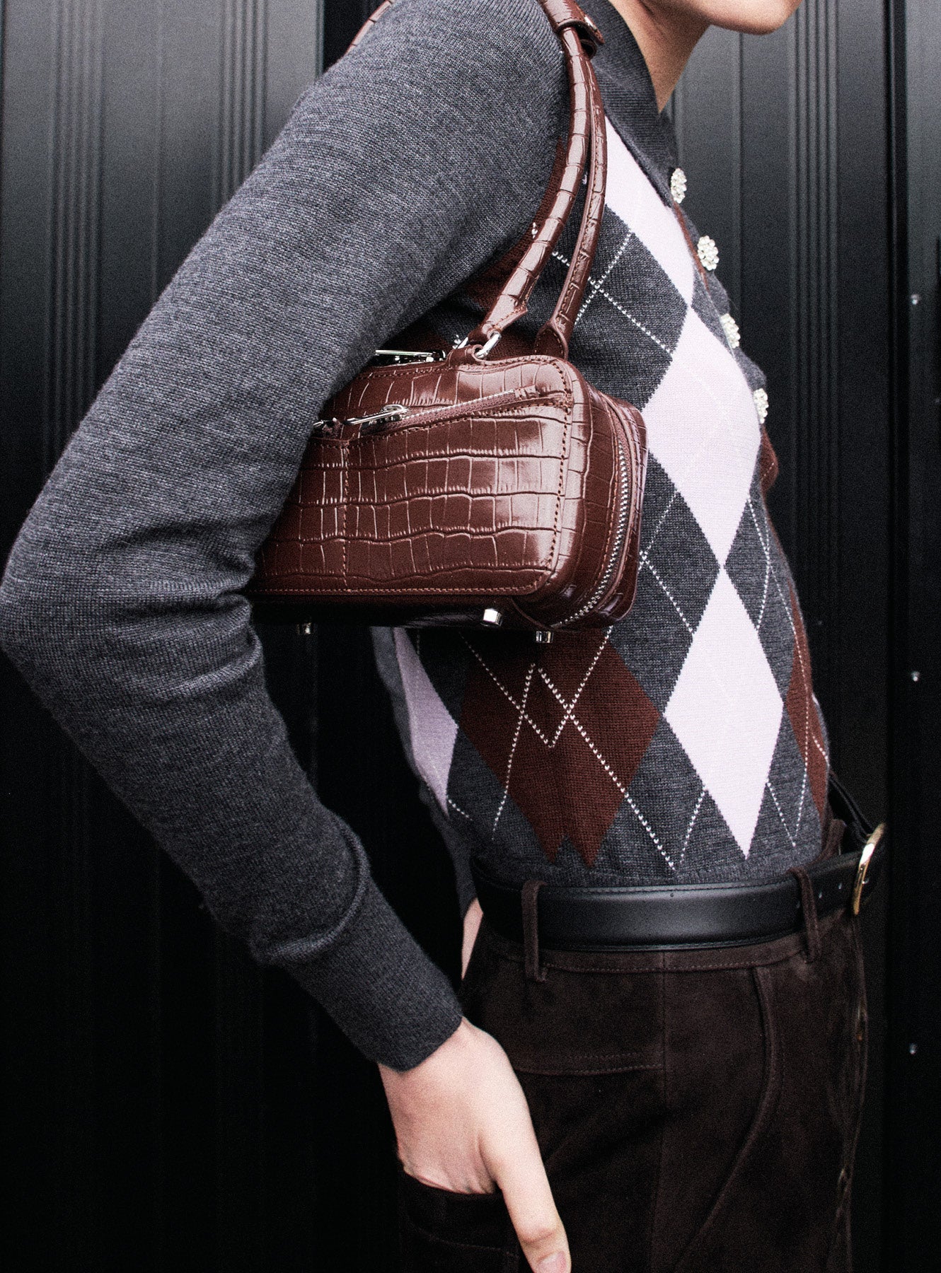 Brown Croc Leather Mini Shoulder Bag