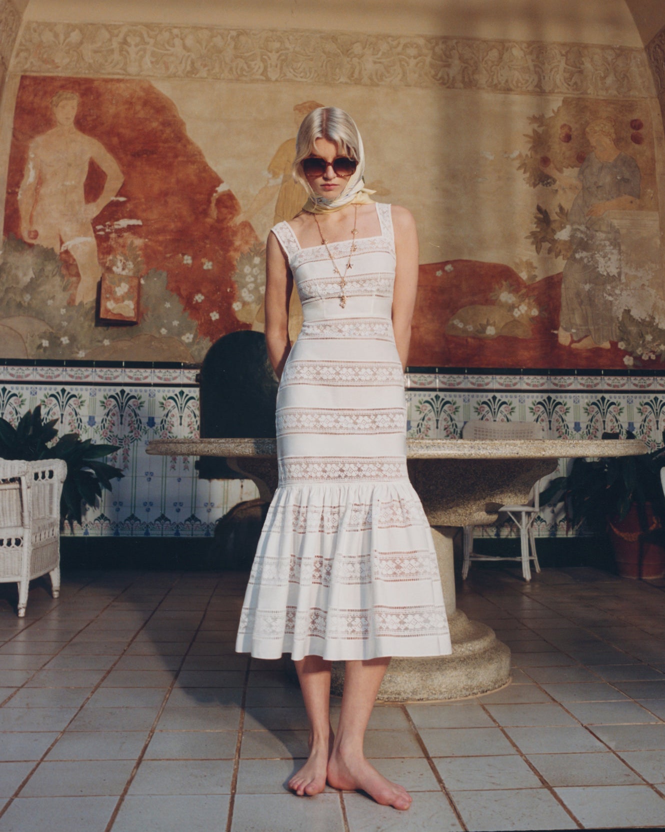 White Cotton Embroidered Midi Dress