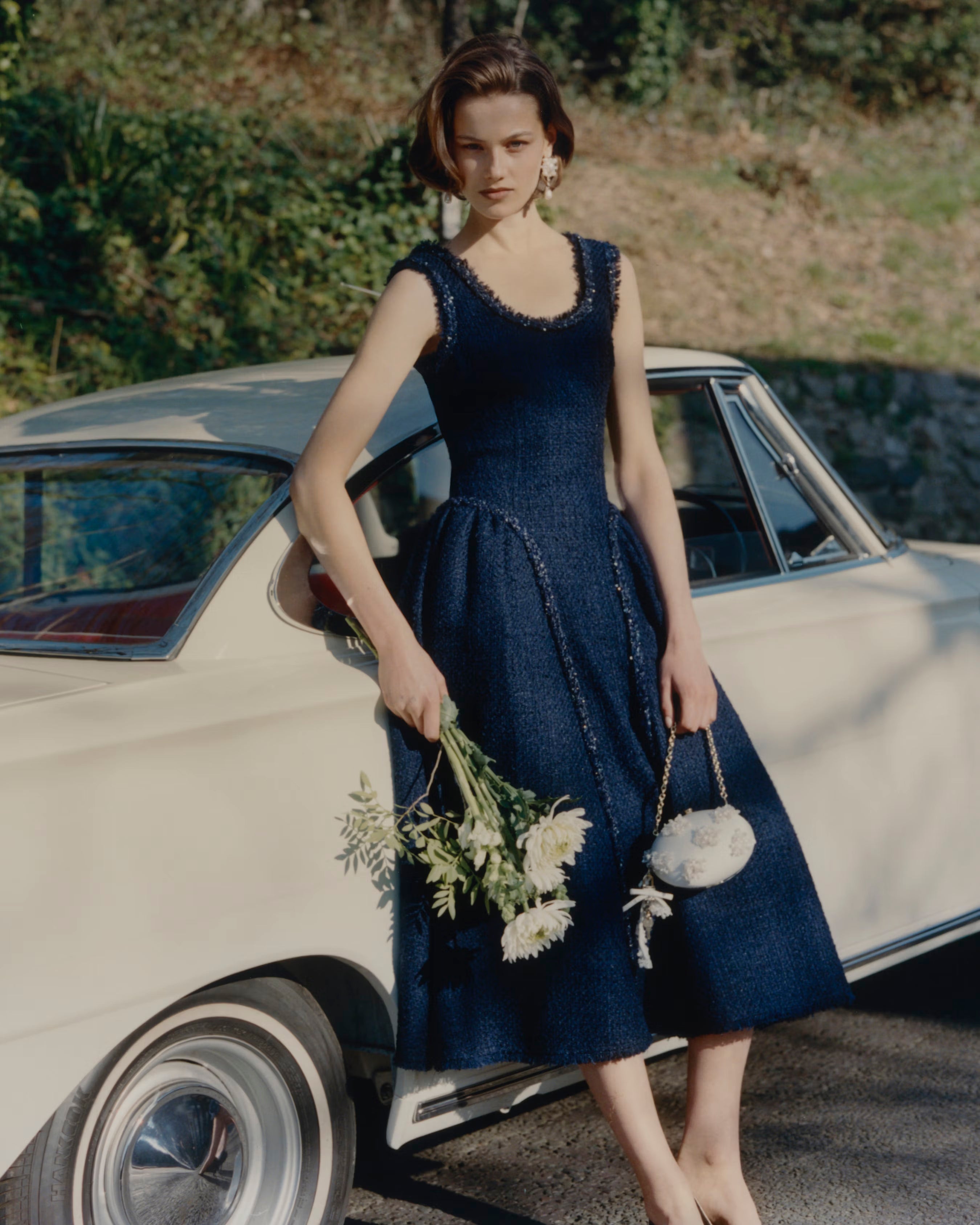 Navy Boucle Midi Dress