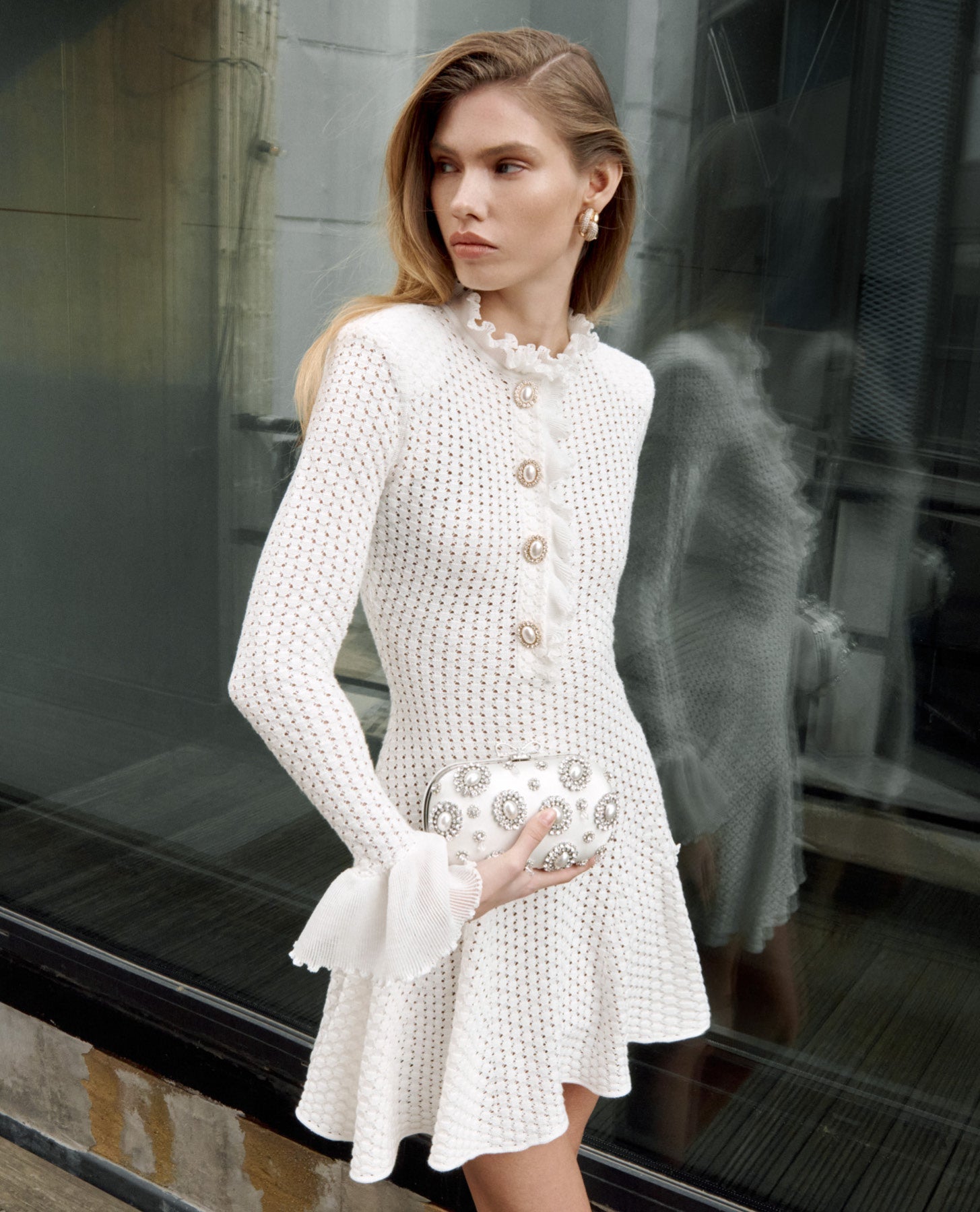 White Pointelle Knit Mini Dress