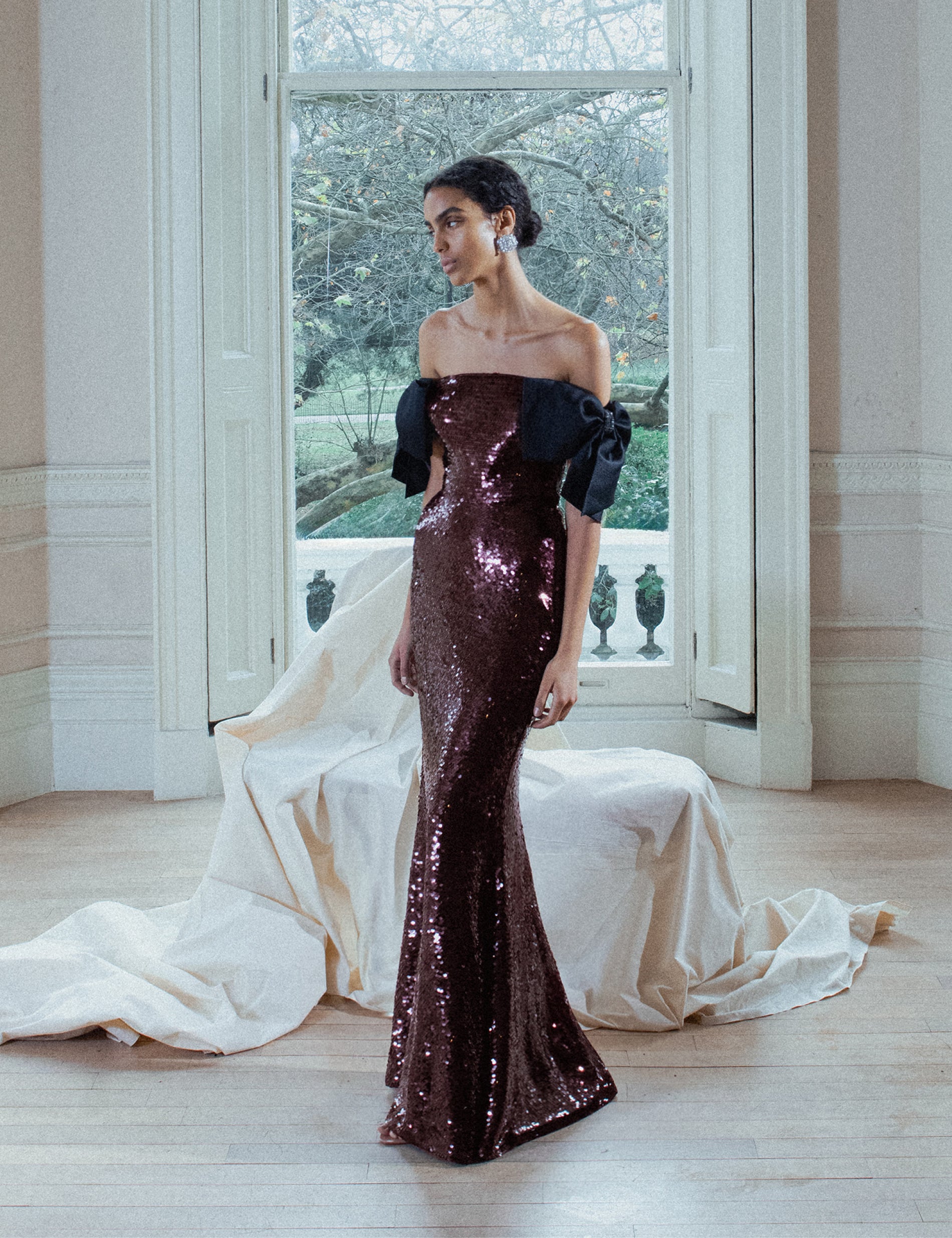 Brown Sequin Bow Maxi Dress