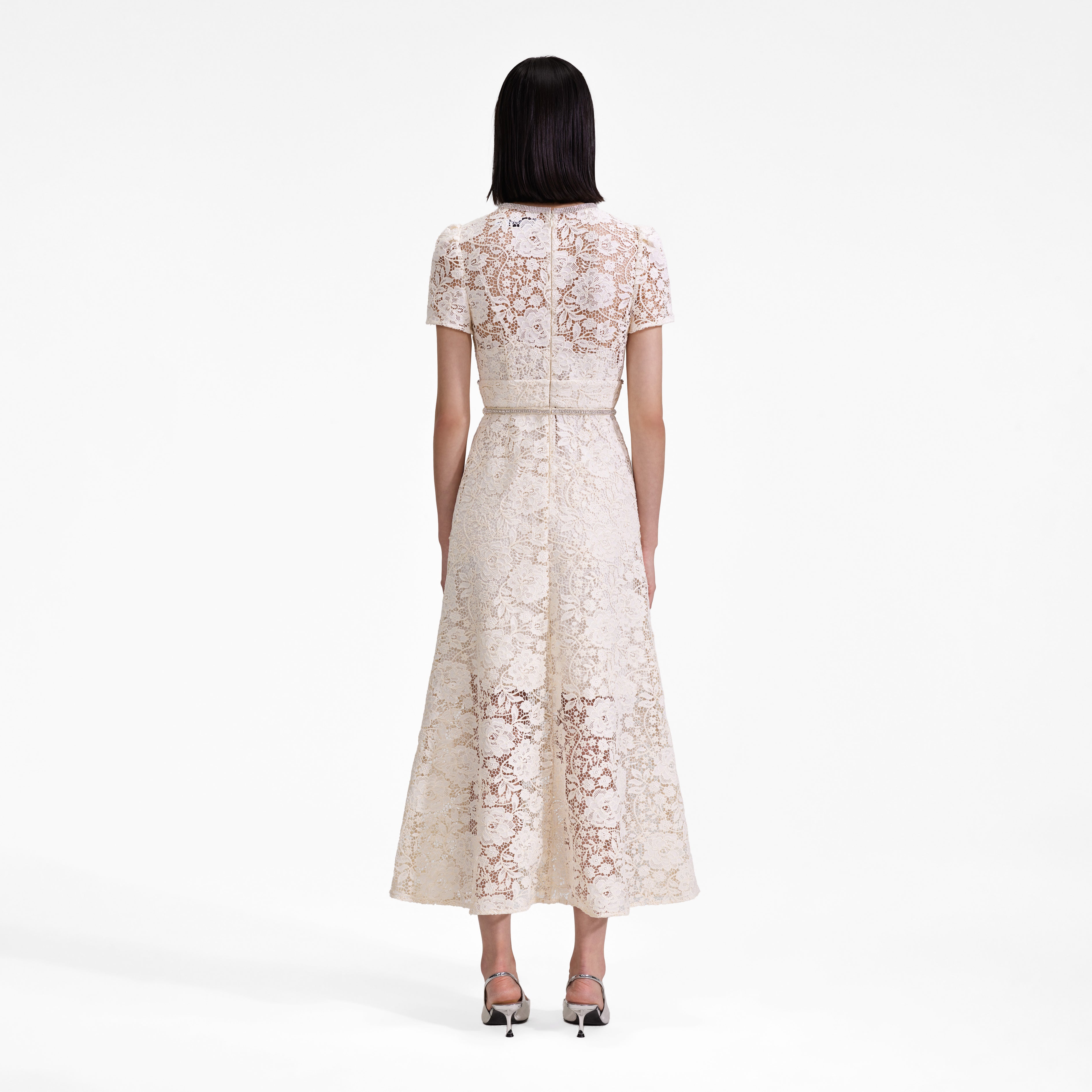 Cream Cord Lace Bow Midi Dress