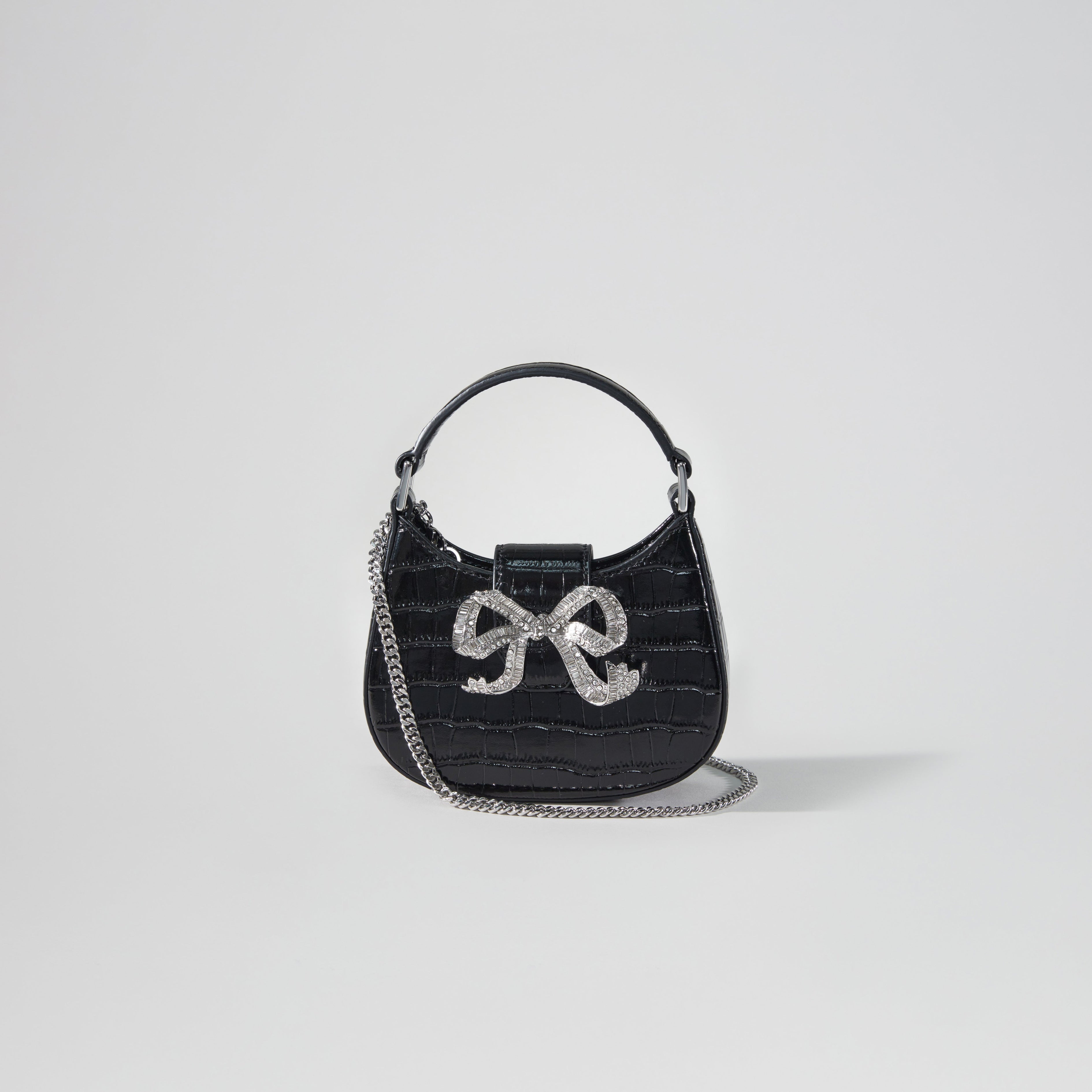 Black Croc Crescent Bow Micro Bag