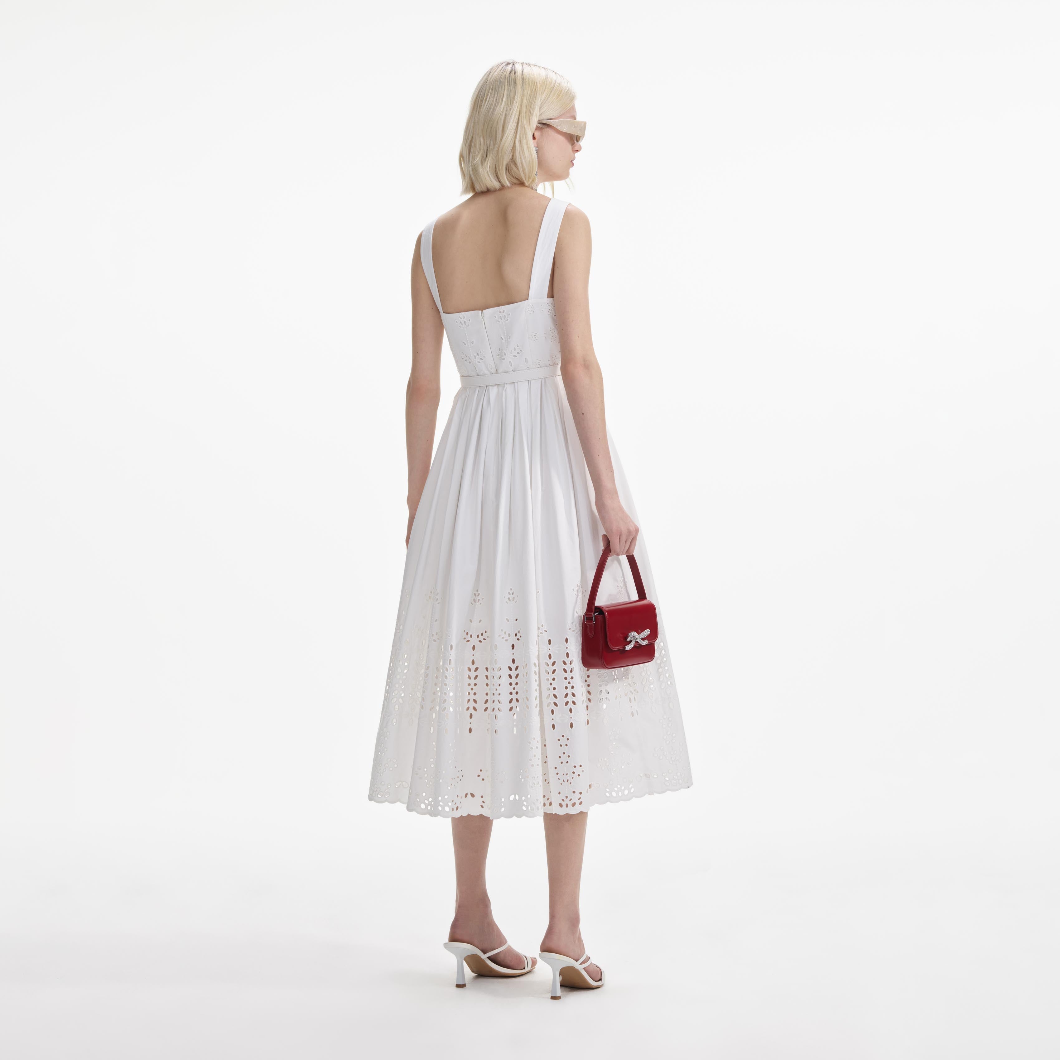 White Cotton Broderie Belted Midi Dress