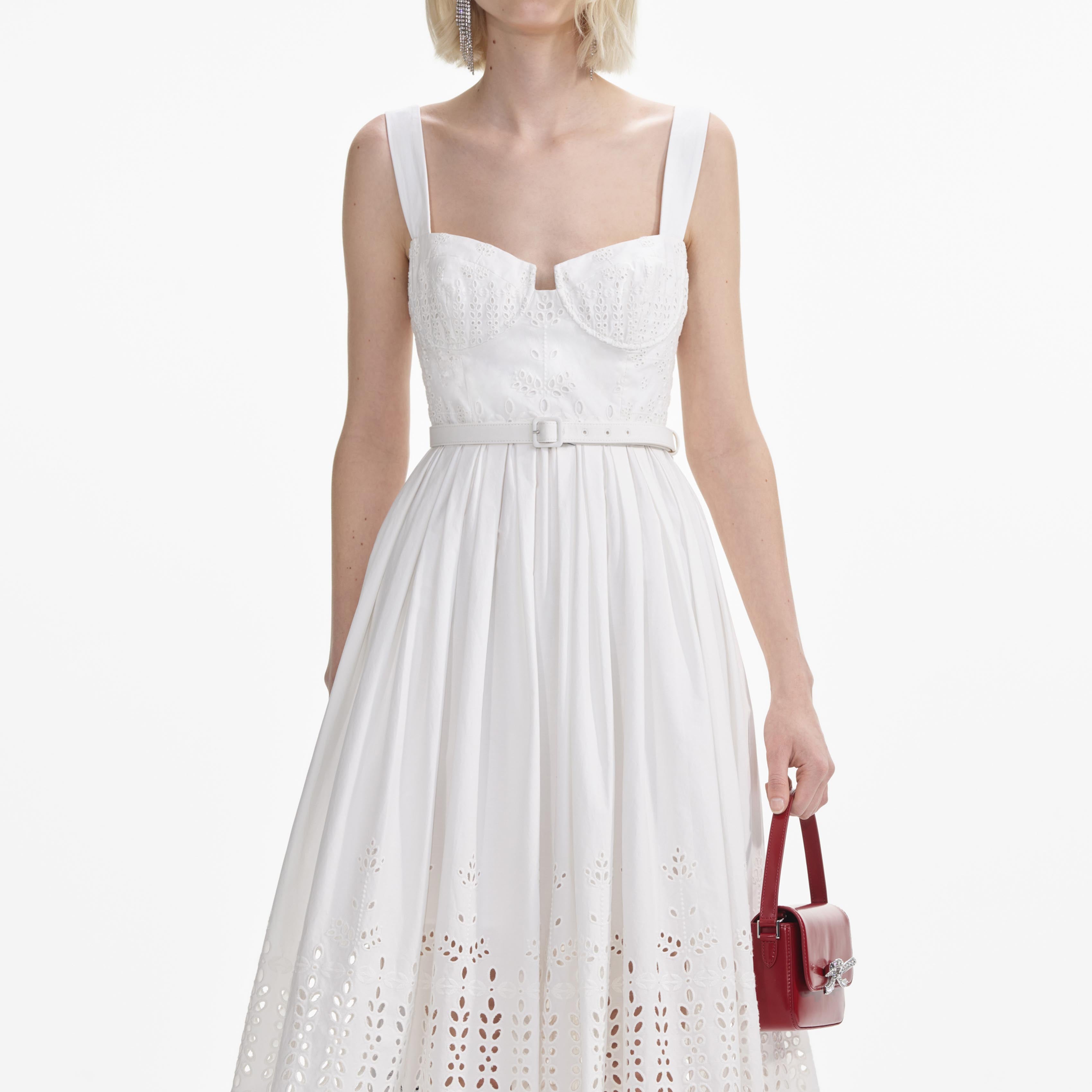 White Cotton Broderie Belted Midi Dress