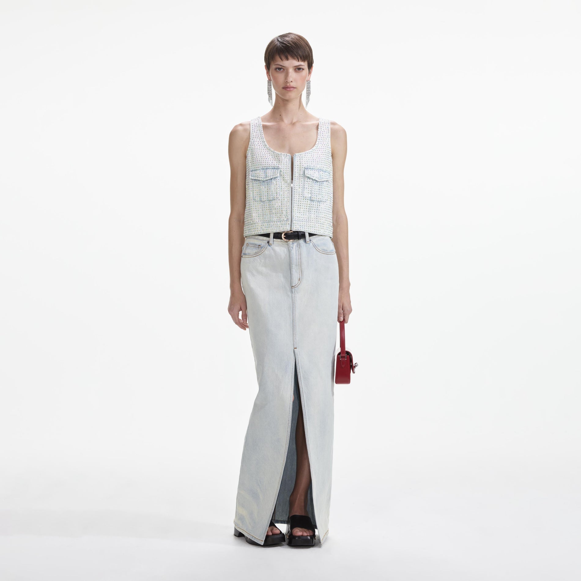 Front view of a woman wearing the Rhinestone Denim Cargo Top