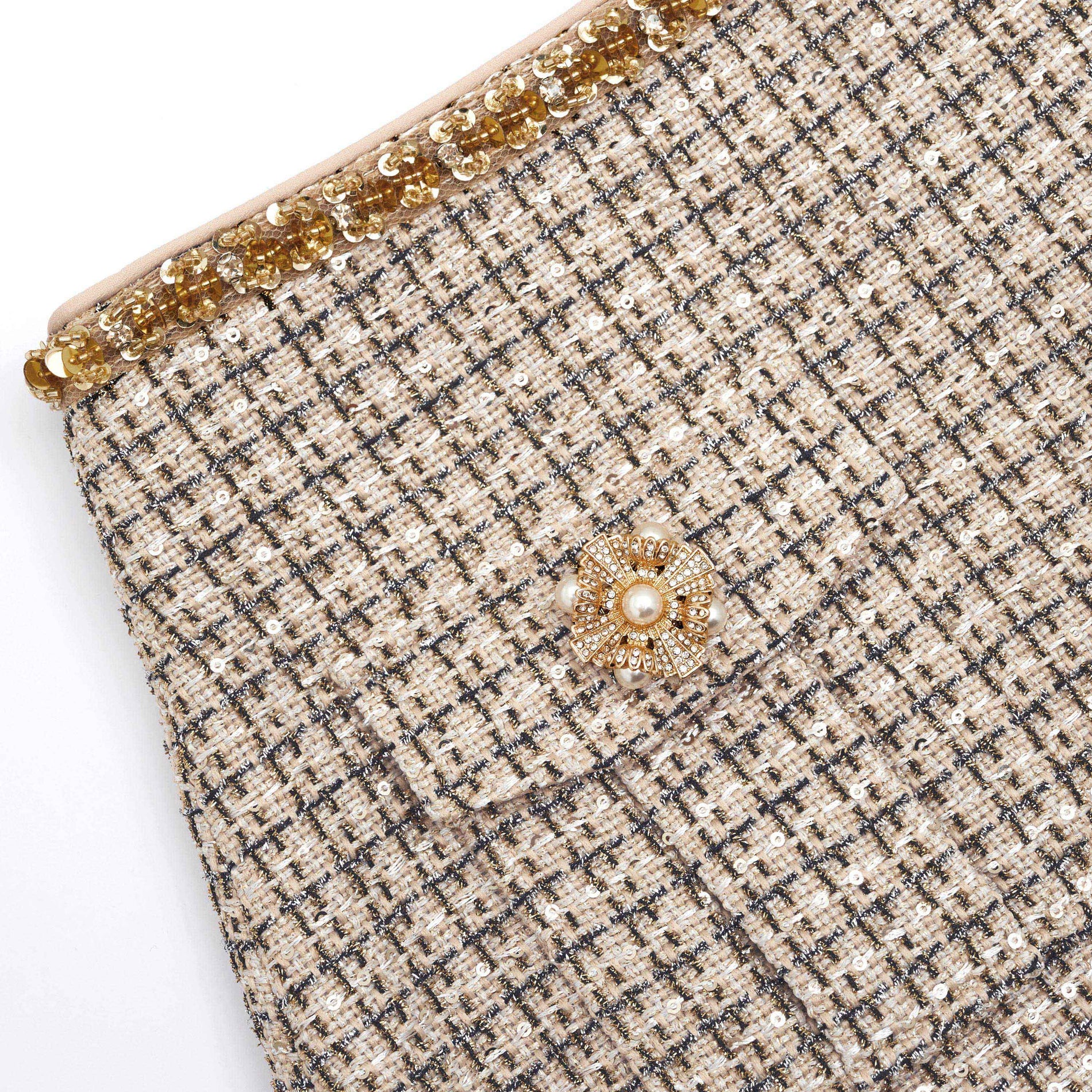 A close up of the fabric for the Gold Boucle Midi Skirt