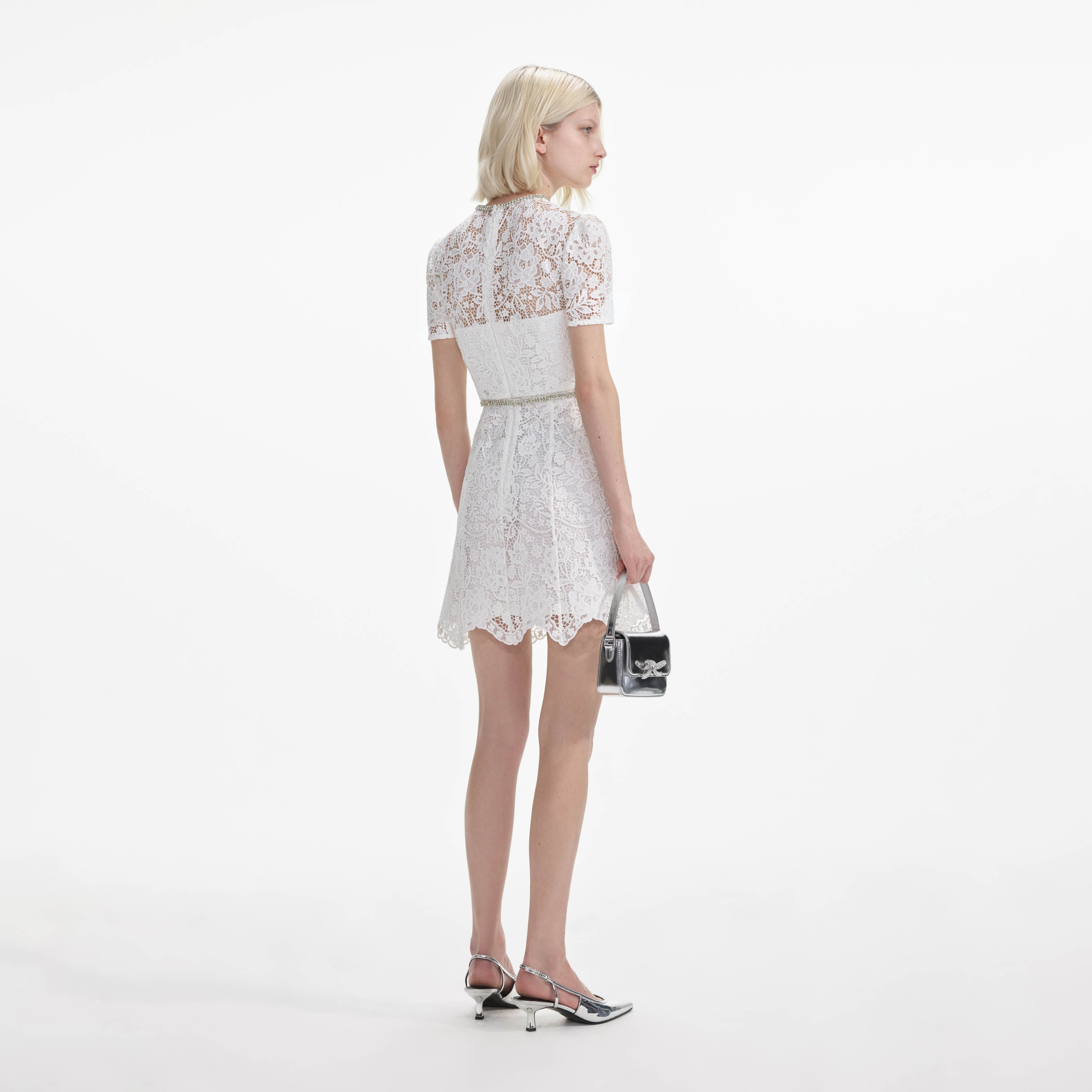 White Lace Diamante Mini Dress