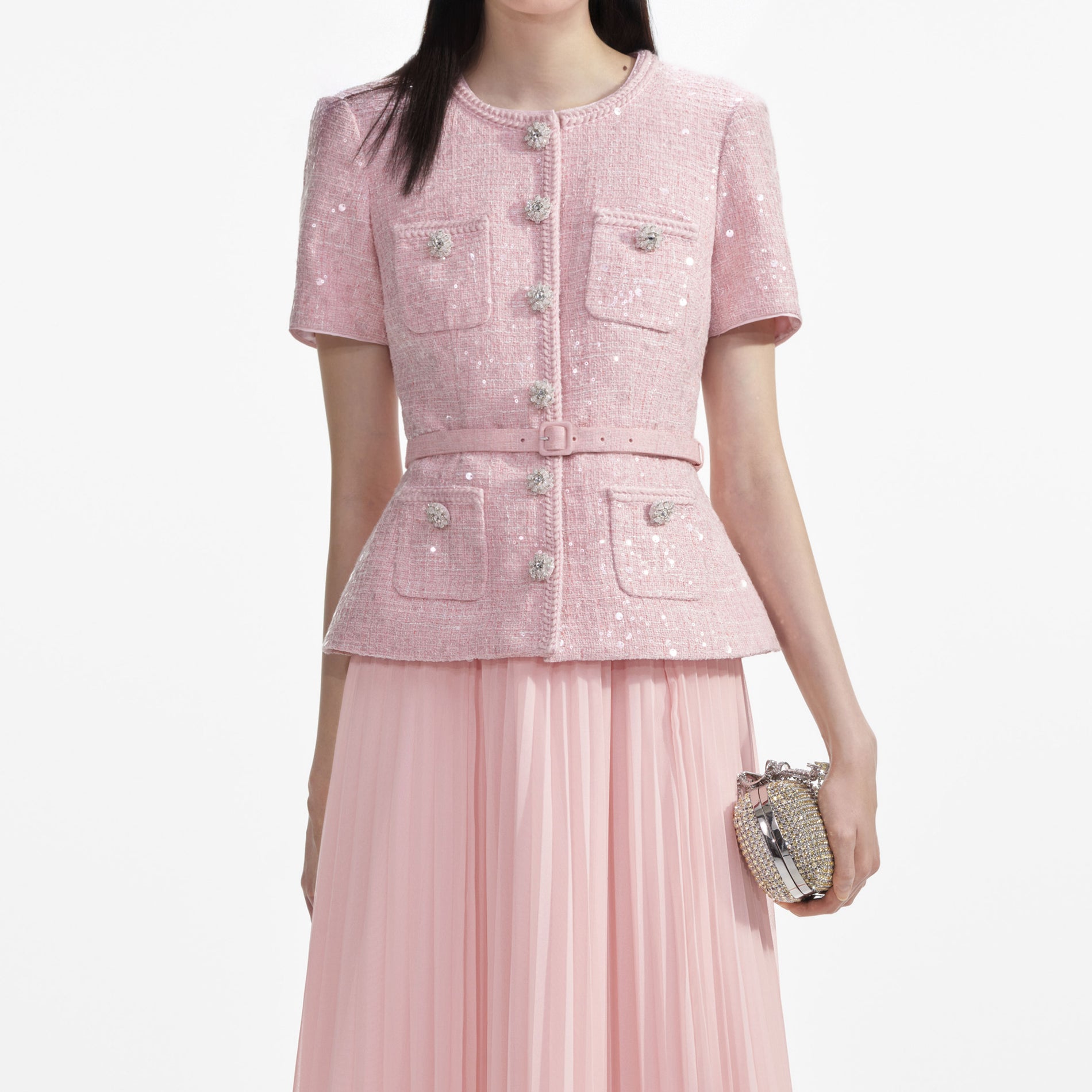 Pink Boucle Sequin Midi Dress