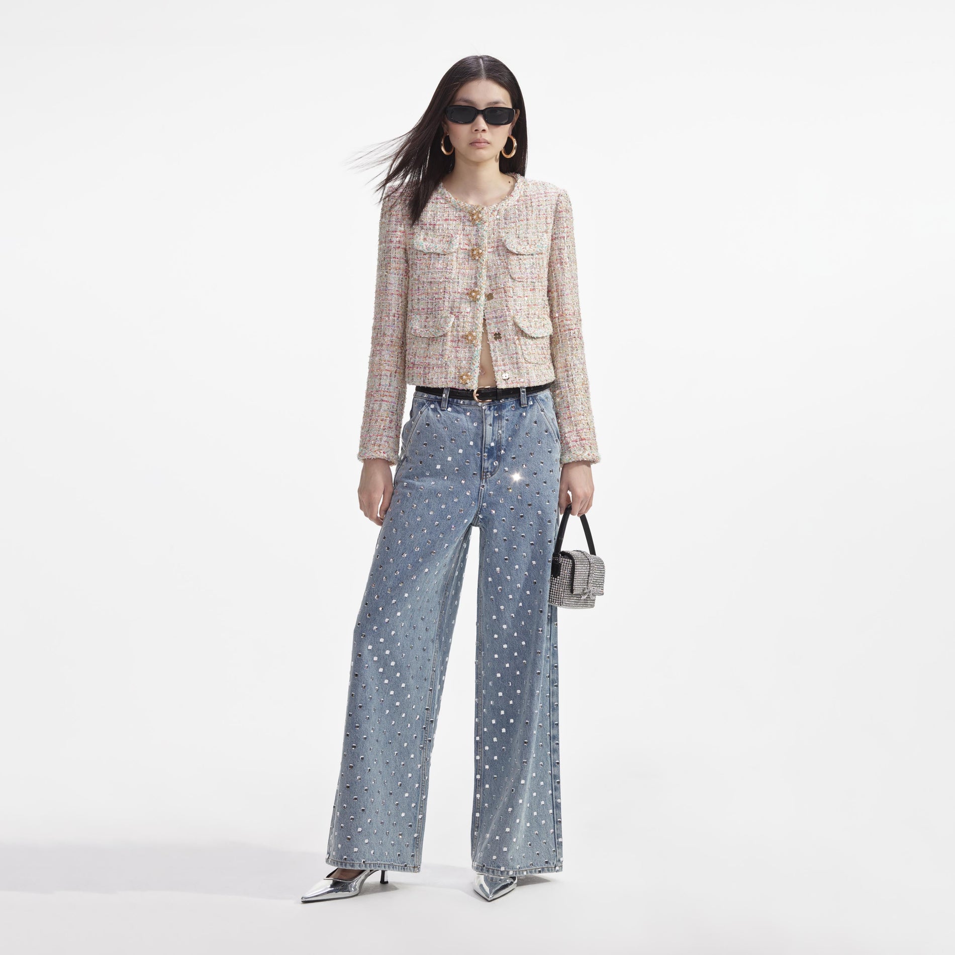 Front view of a woman wearing the Pastel Boucle Boxy Jacket