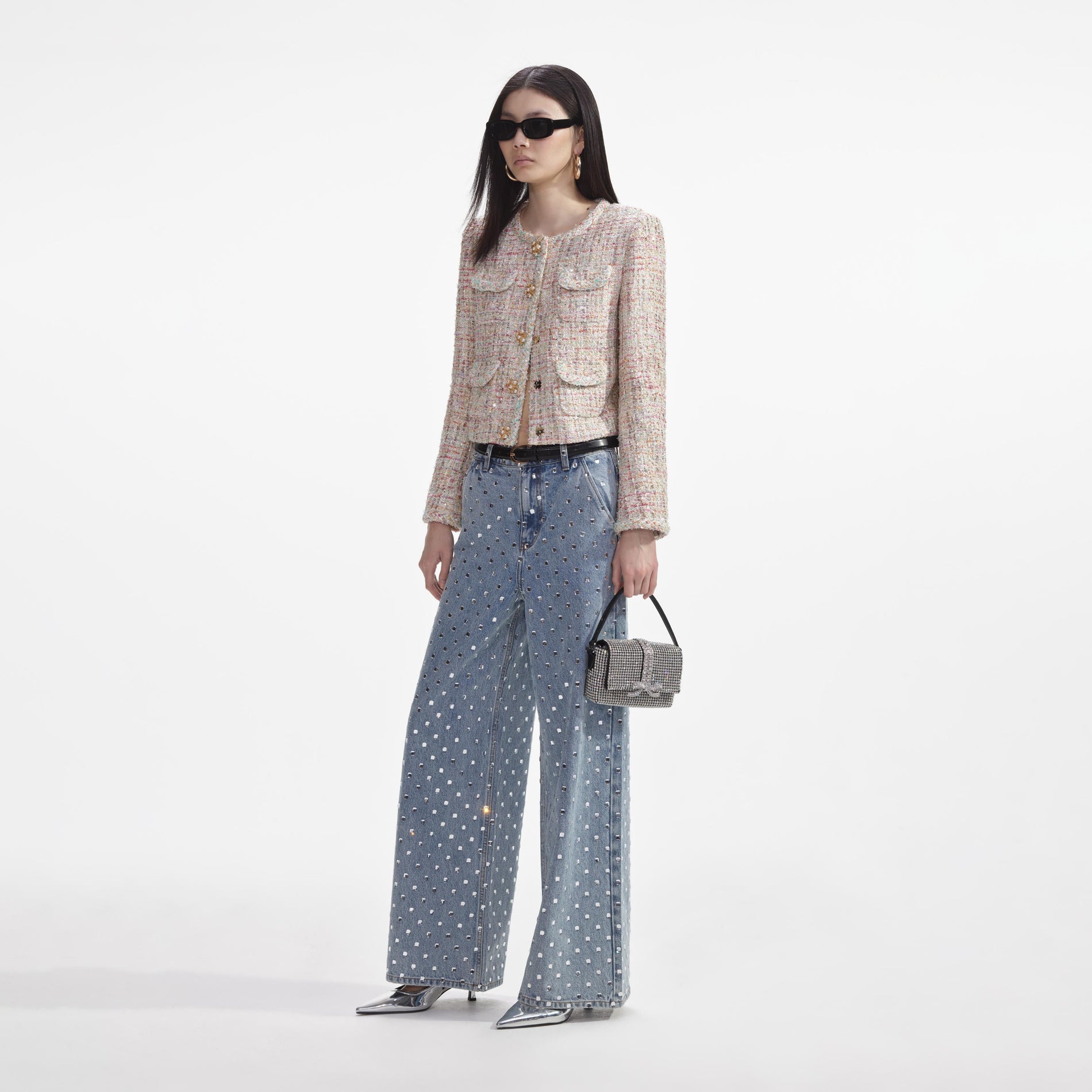 Side view of a woman wearing the Pastel Boucle Boxy Jacket