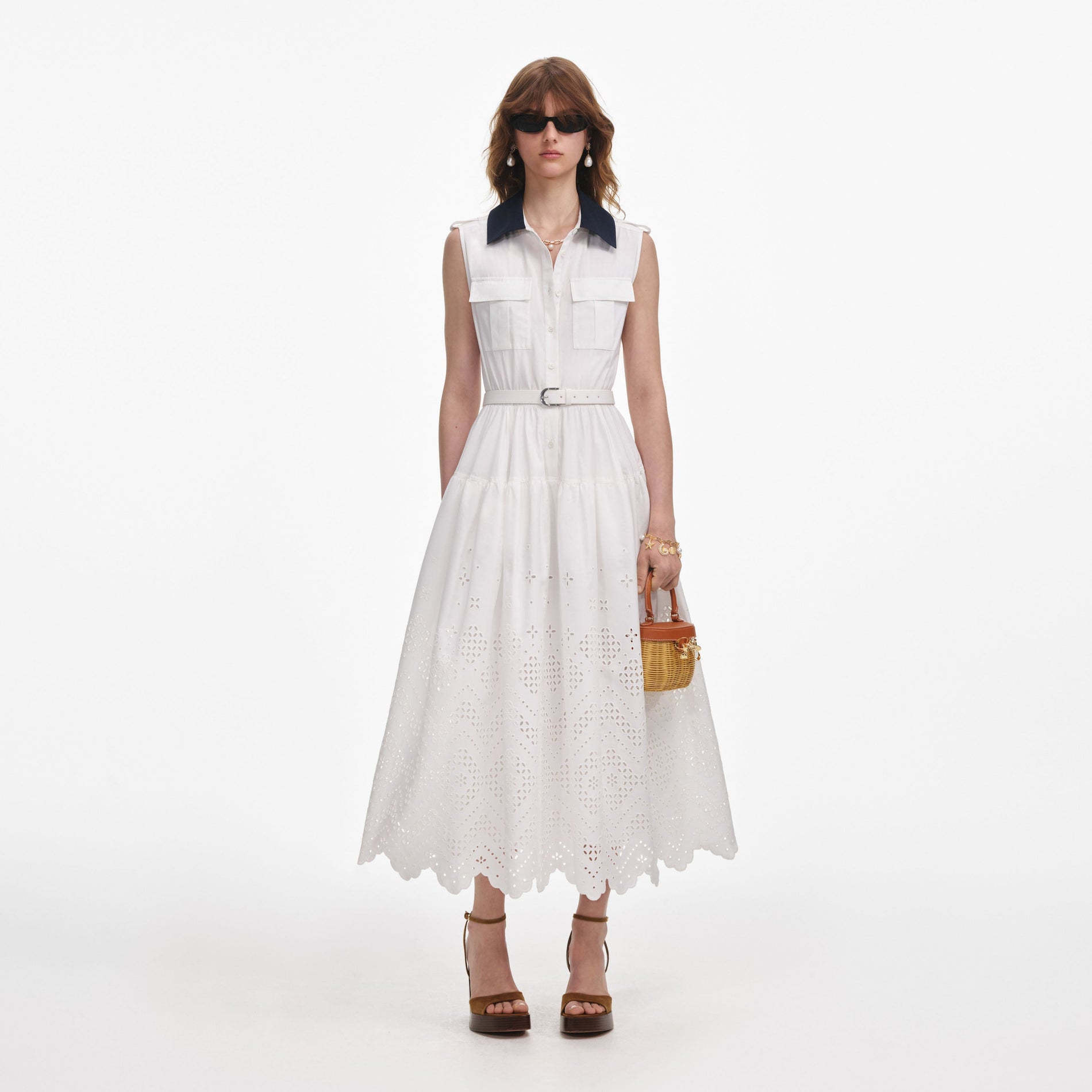 Front view of a woman wearing the White Contrast Collar Broderie Midi Dress