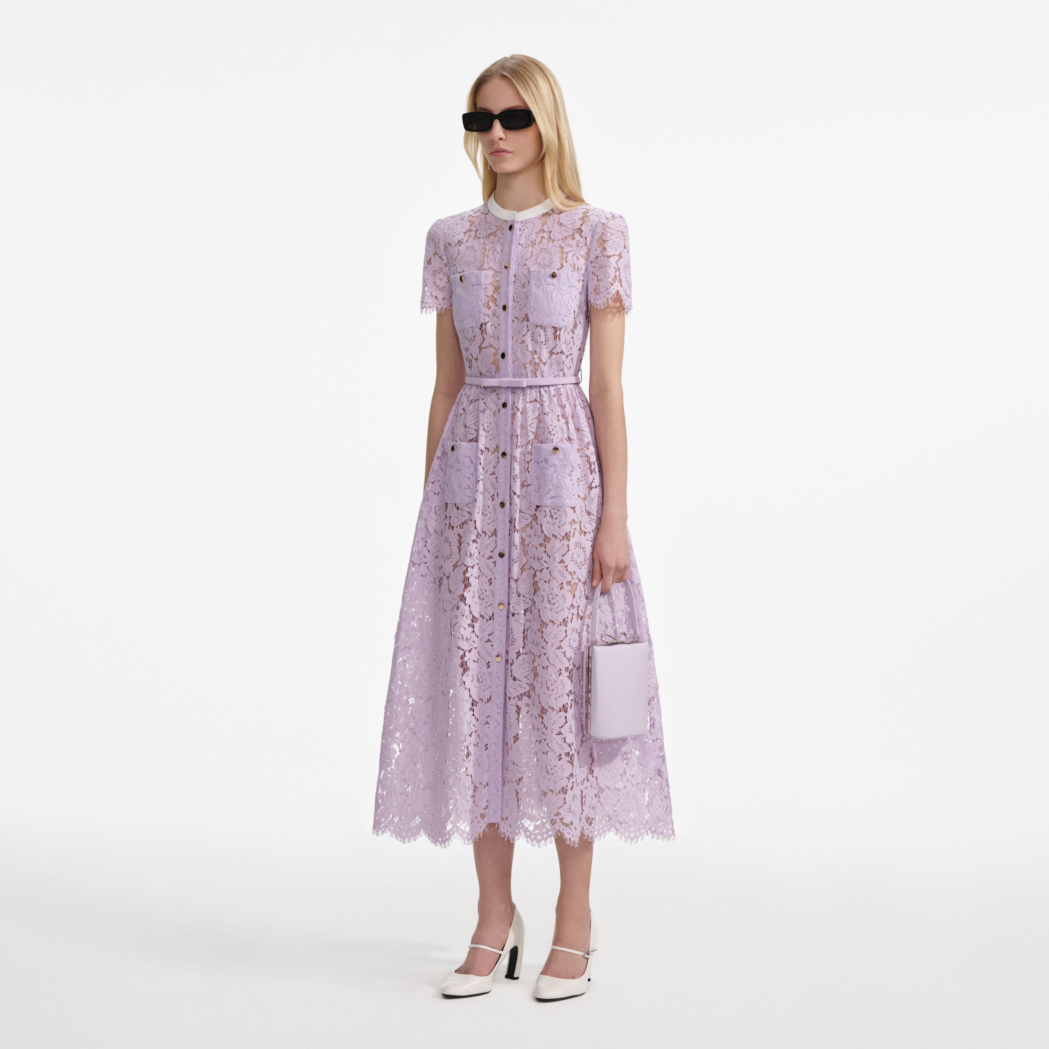 Lilac Lace Button Front Midi Dress