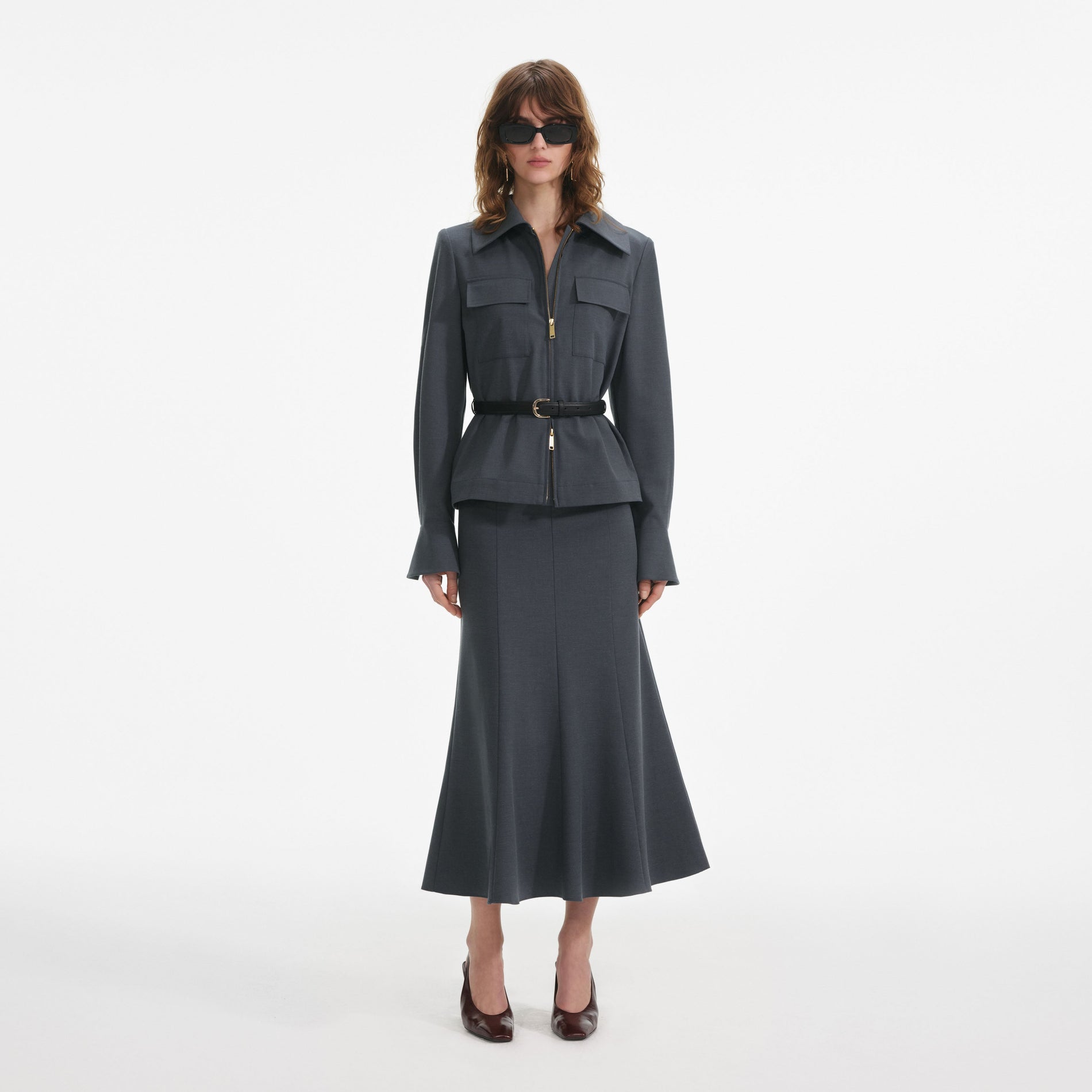 Front view of a woman wearing the Grey Twill Midi Dress