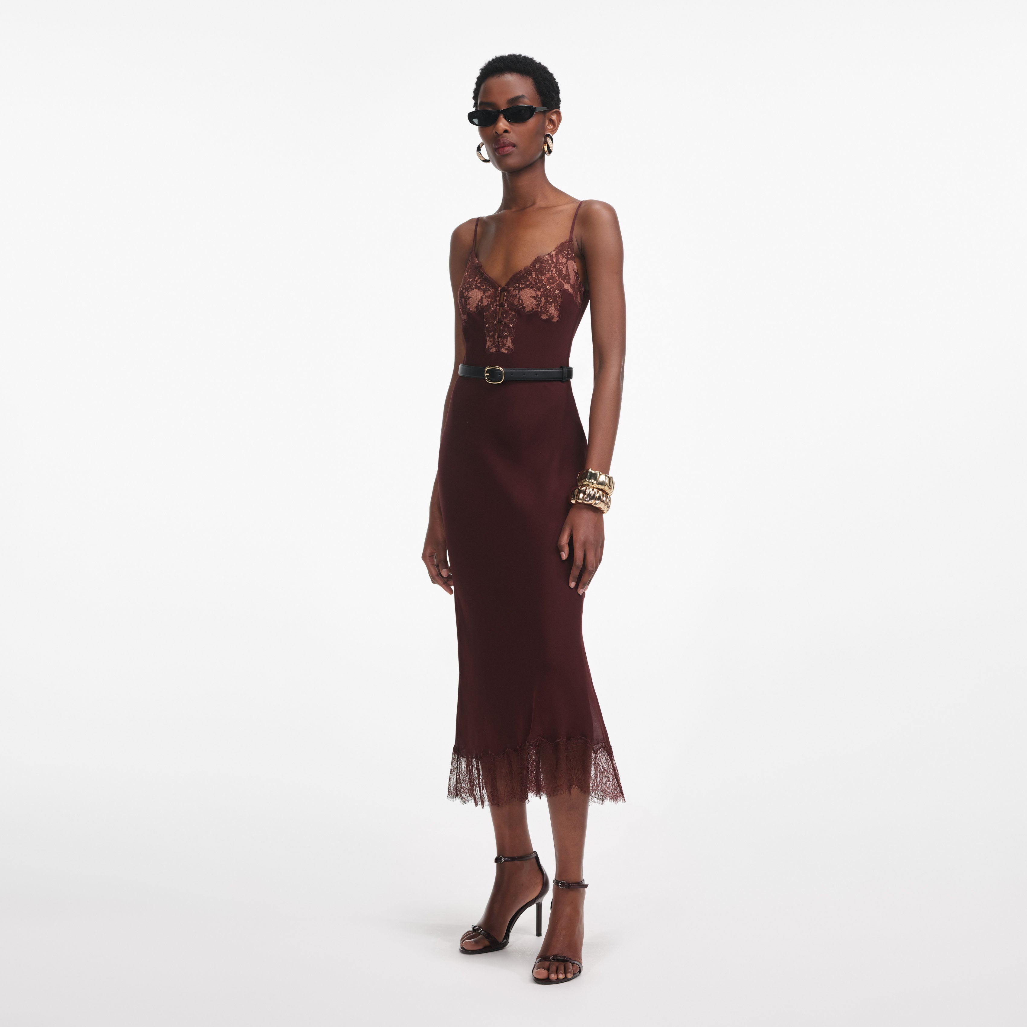 Brown Lace Insert Midi Dress