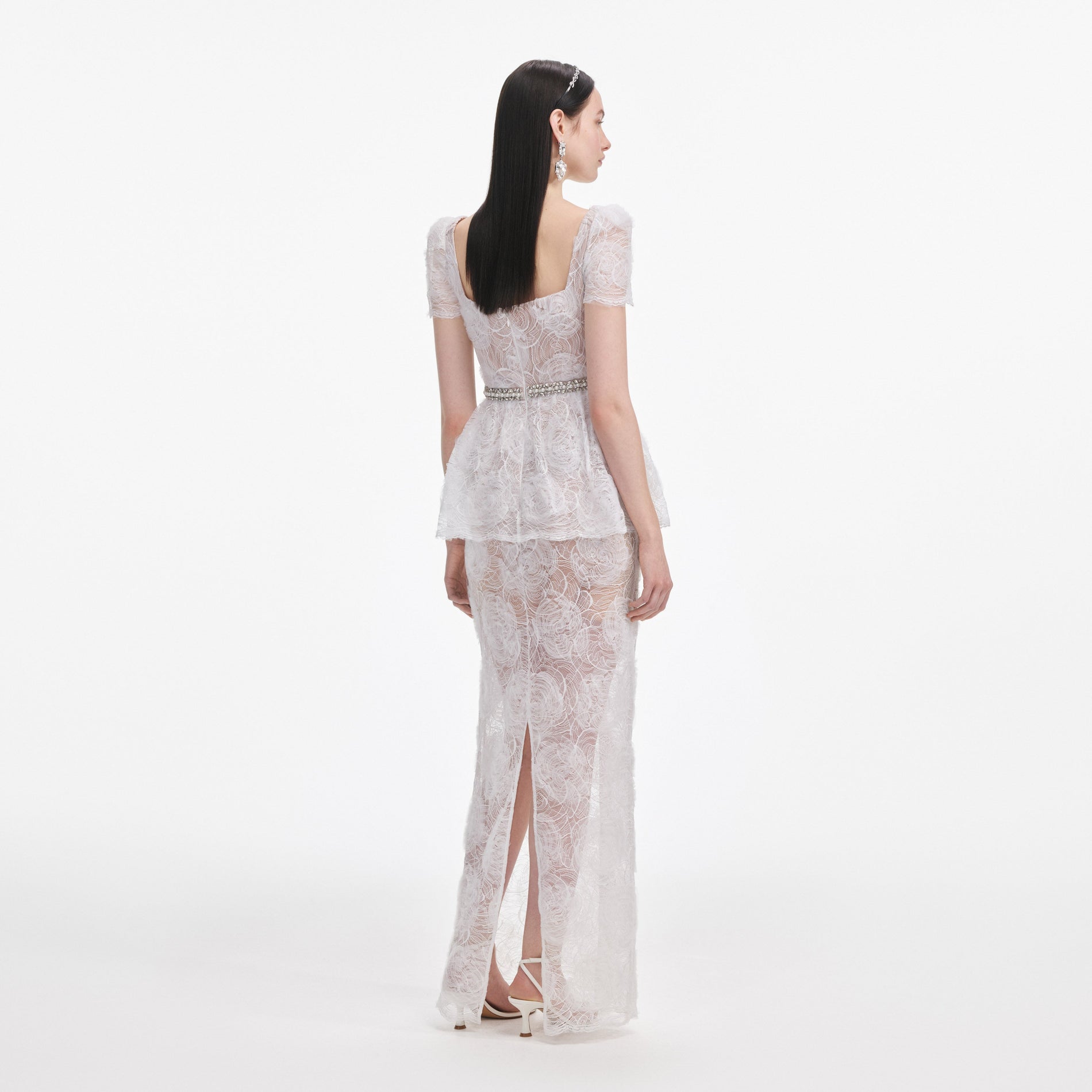 Back view of a woman wearing the White Tulle Lace Maxi Dress
