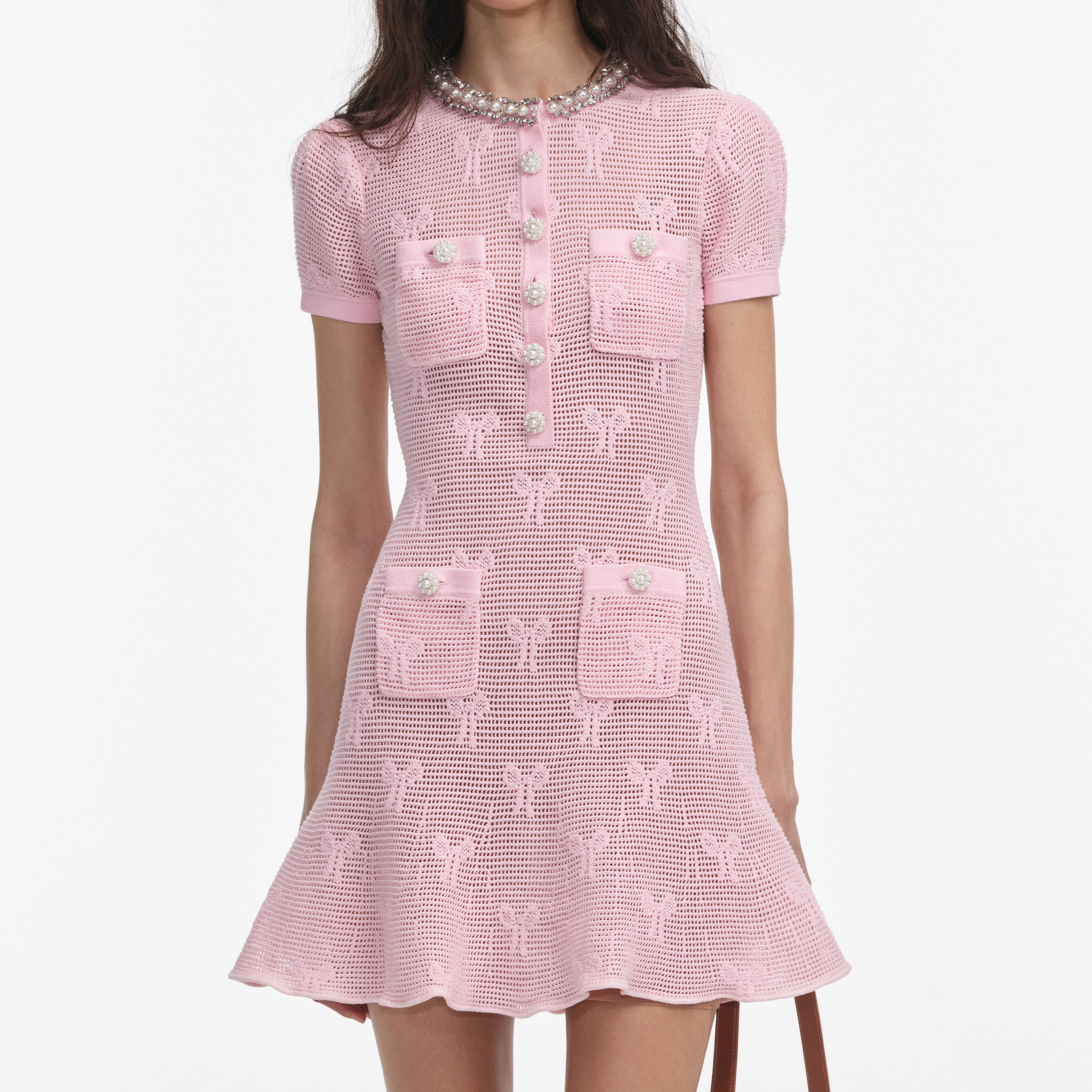 Pink Bow Crochet Crystal Trim Mini Dress