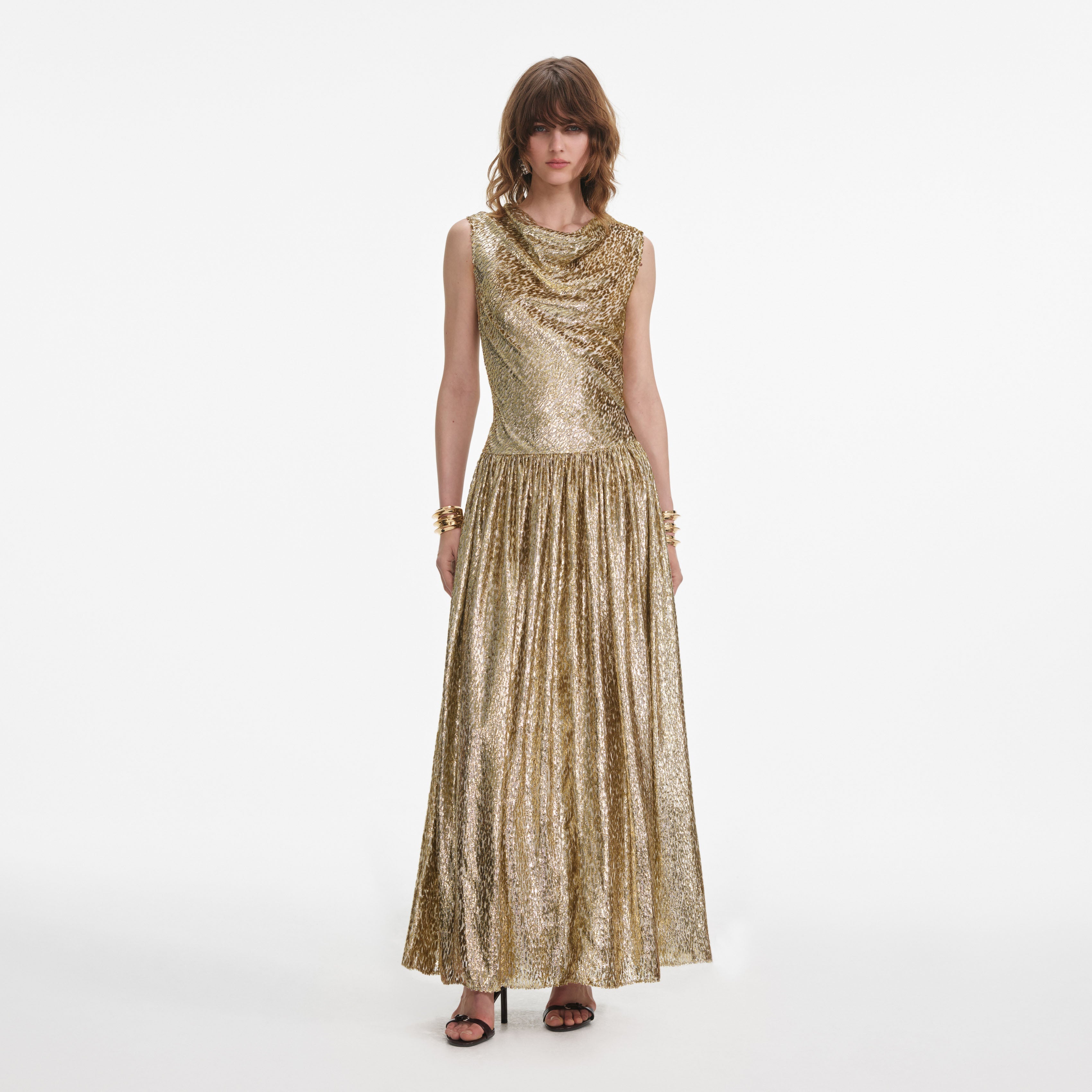 Gold Sleeveless Fil Coupe Maxi Dress