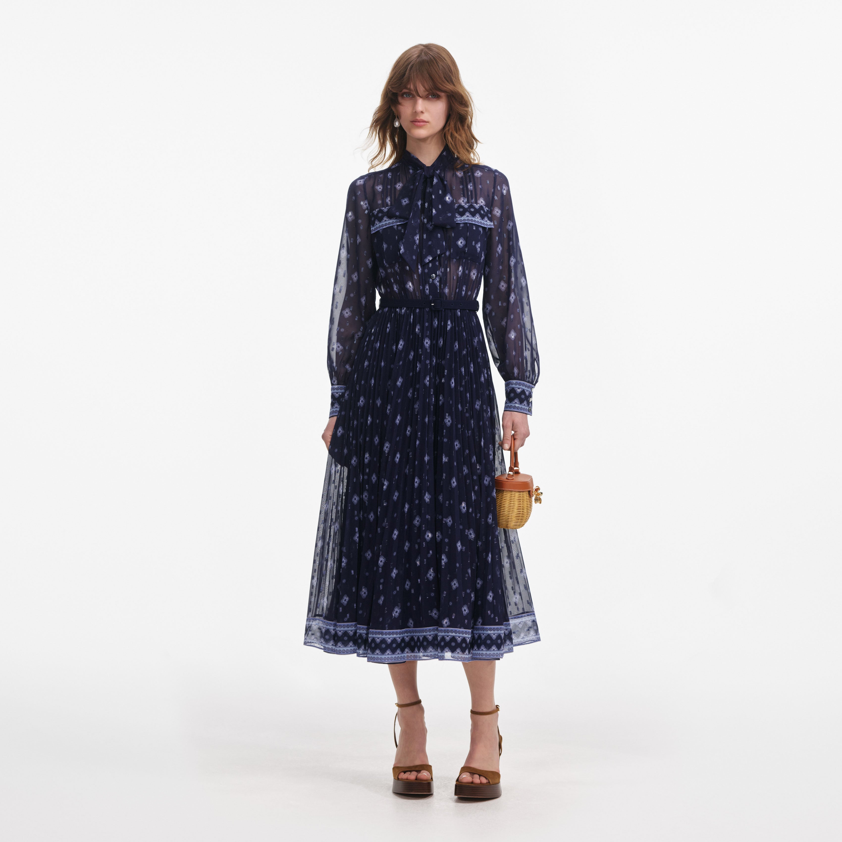 Navy Printed Chiffon Midi Dress