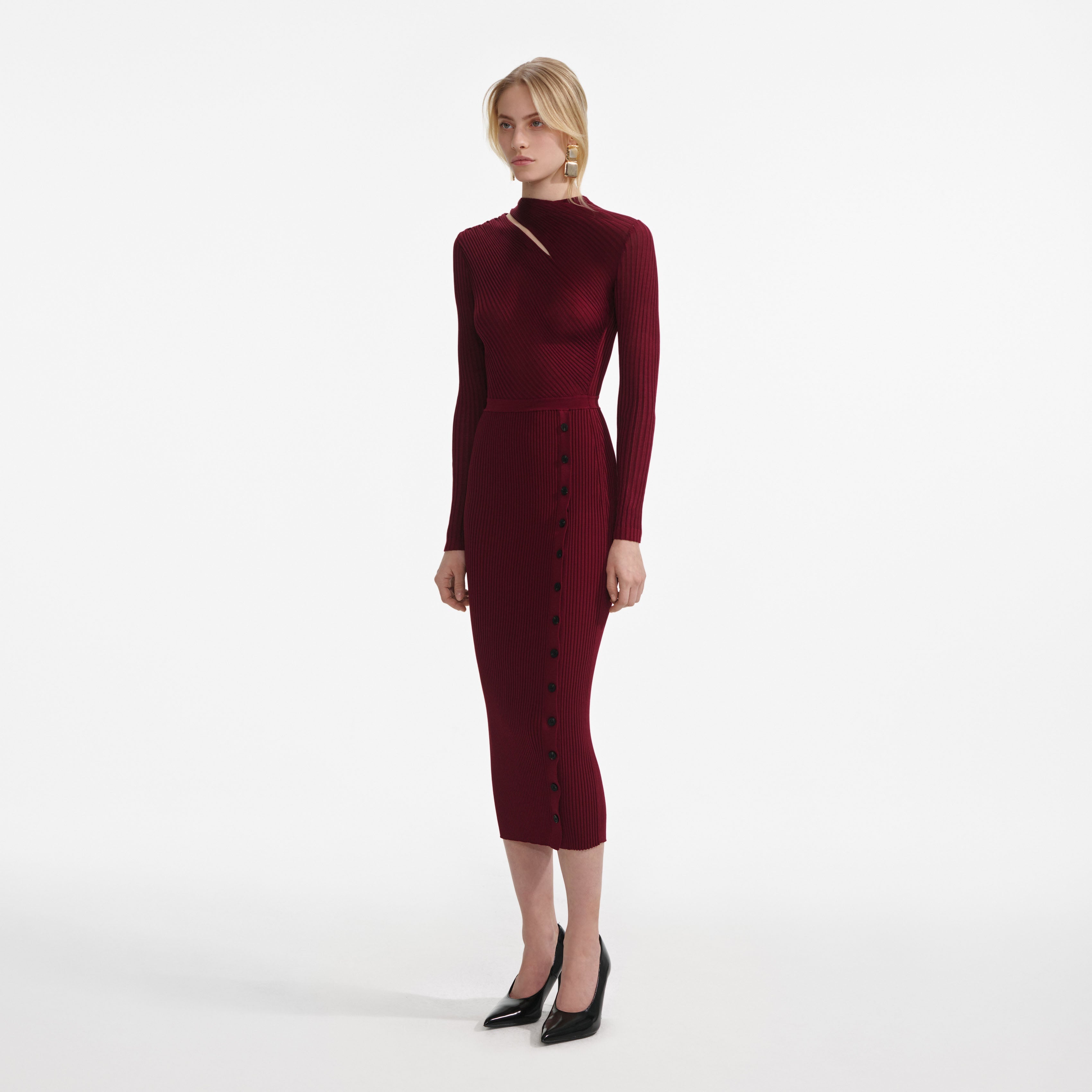 Burgundy Cut Out Rib Knit Midi Dress
