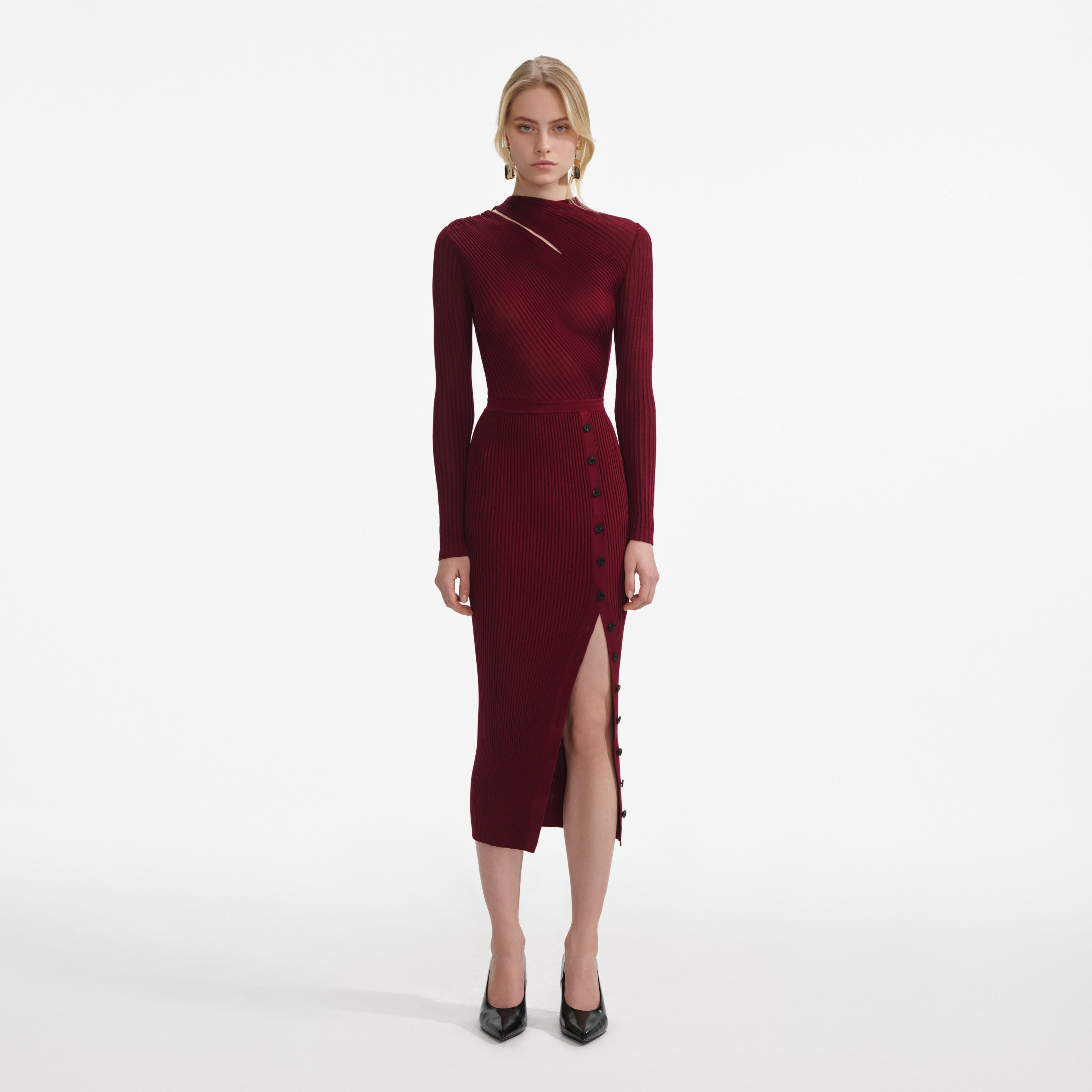 Burgundy Cut Out Rib Knit Midi Dress