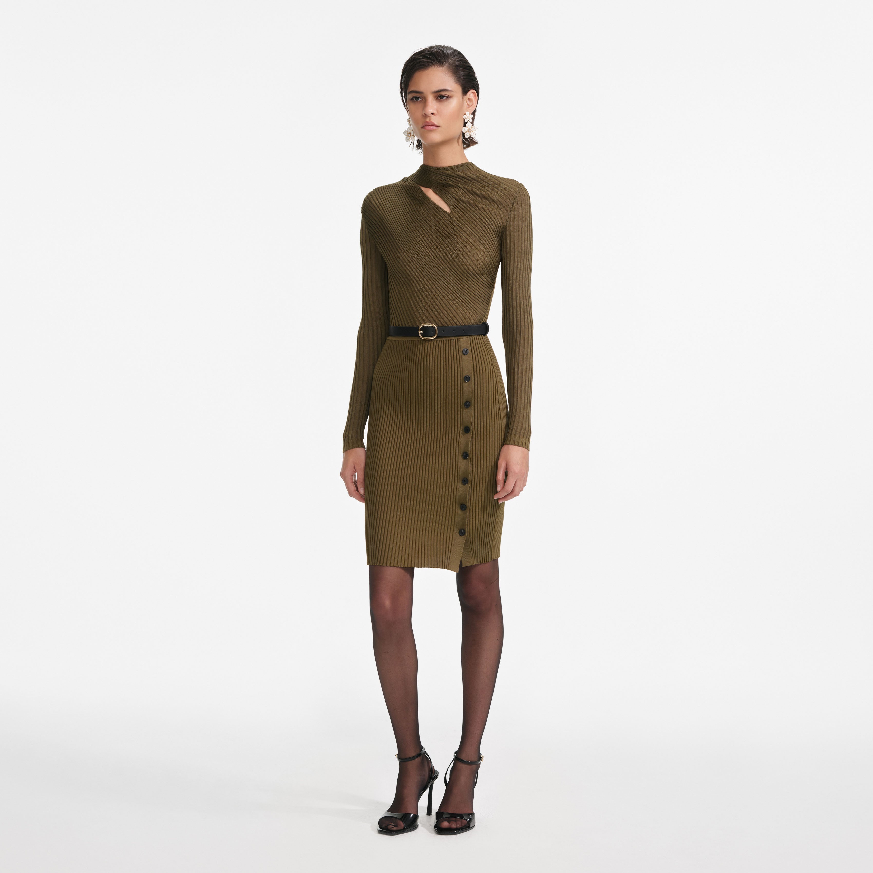 Khaki Cut Out Rib Knit Mini Dress