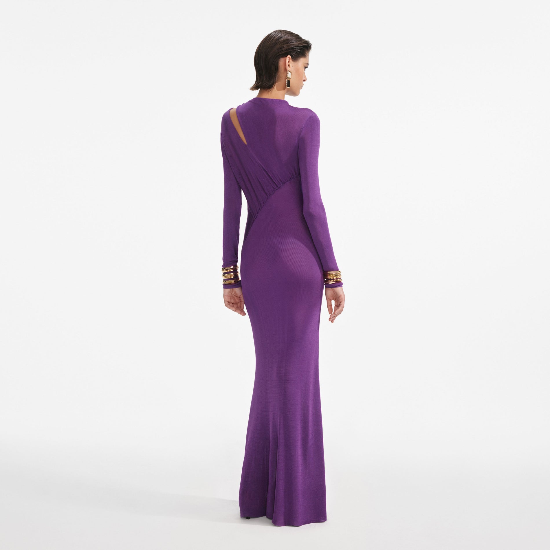 Back view of a woman wearing the Purple Cut Out Viscose Knit Maxi Dress