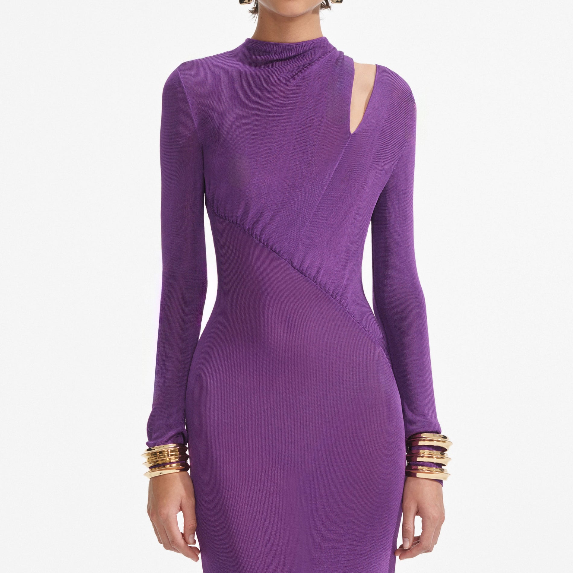 A close up of a woman wearing the Purple Cut Out Viscose Knit Maxi Dress