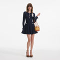 Navy Pointelle Knit Crochet Flower Mini Dress