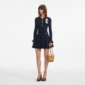 Navy Pointelle Knit Crochet Flower Mini Dress
