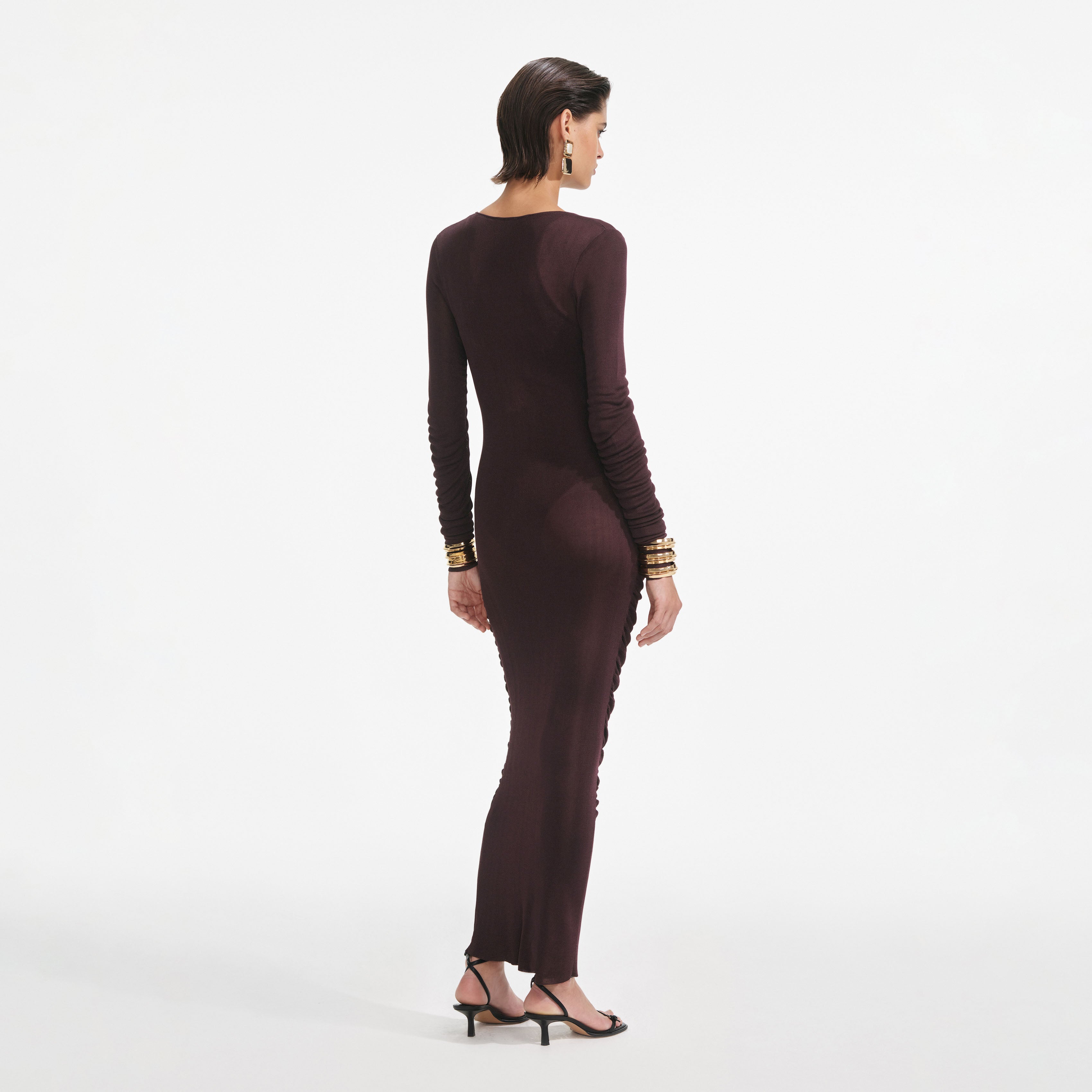 Brown Gathered Viscose Knit Midi Dress