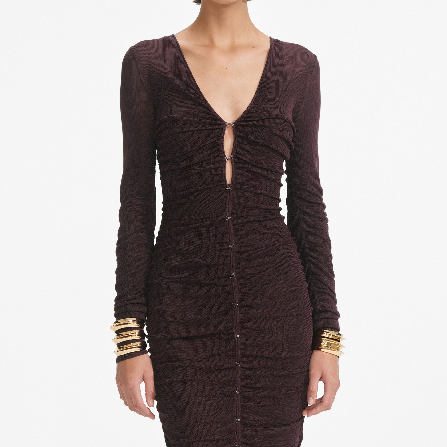 Brown Gathered Viscose Knit Midi Dress