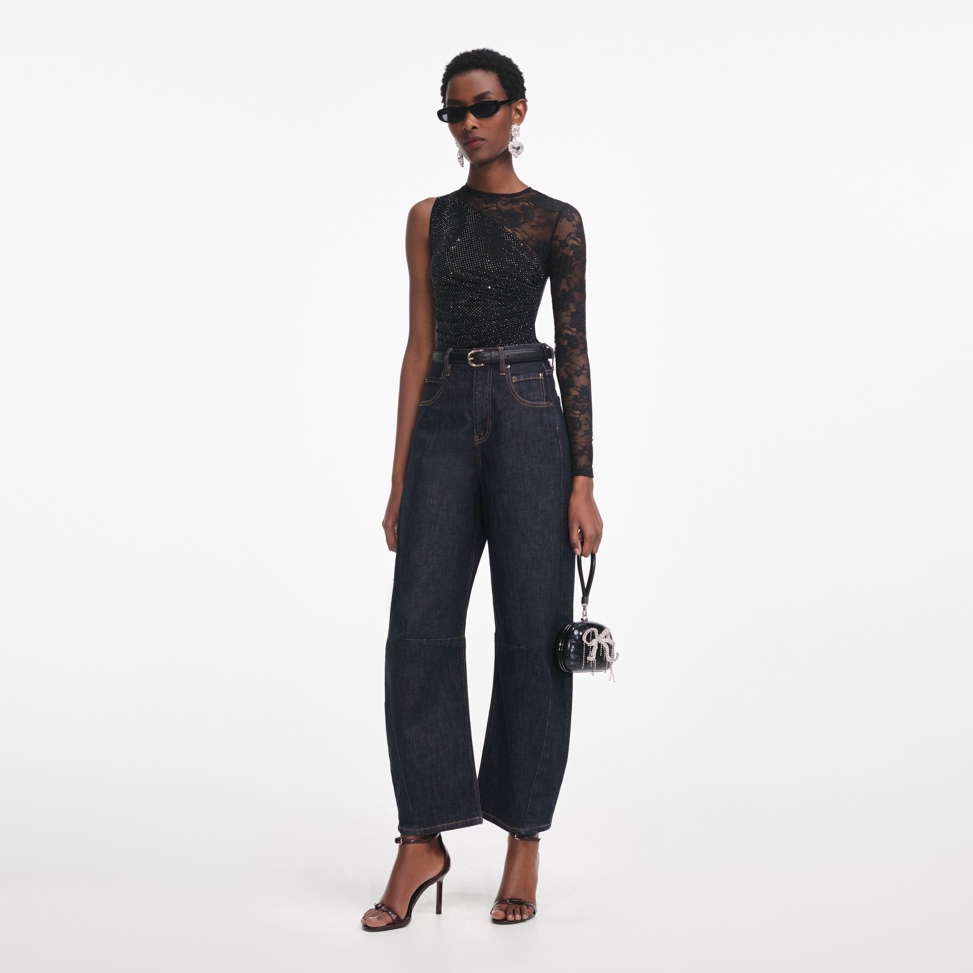 Black Rhinestone Lace Sleeve Top