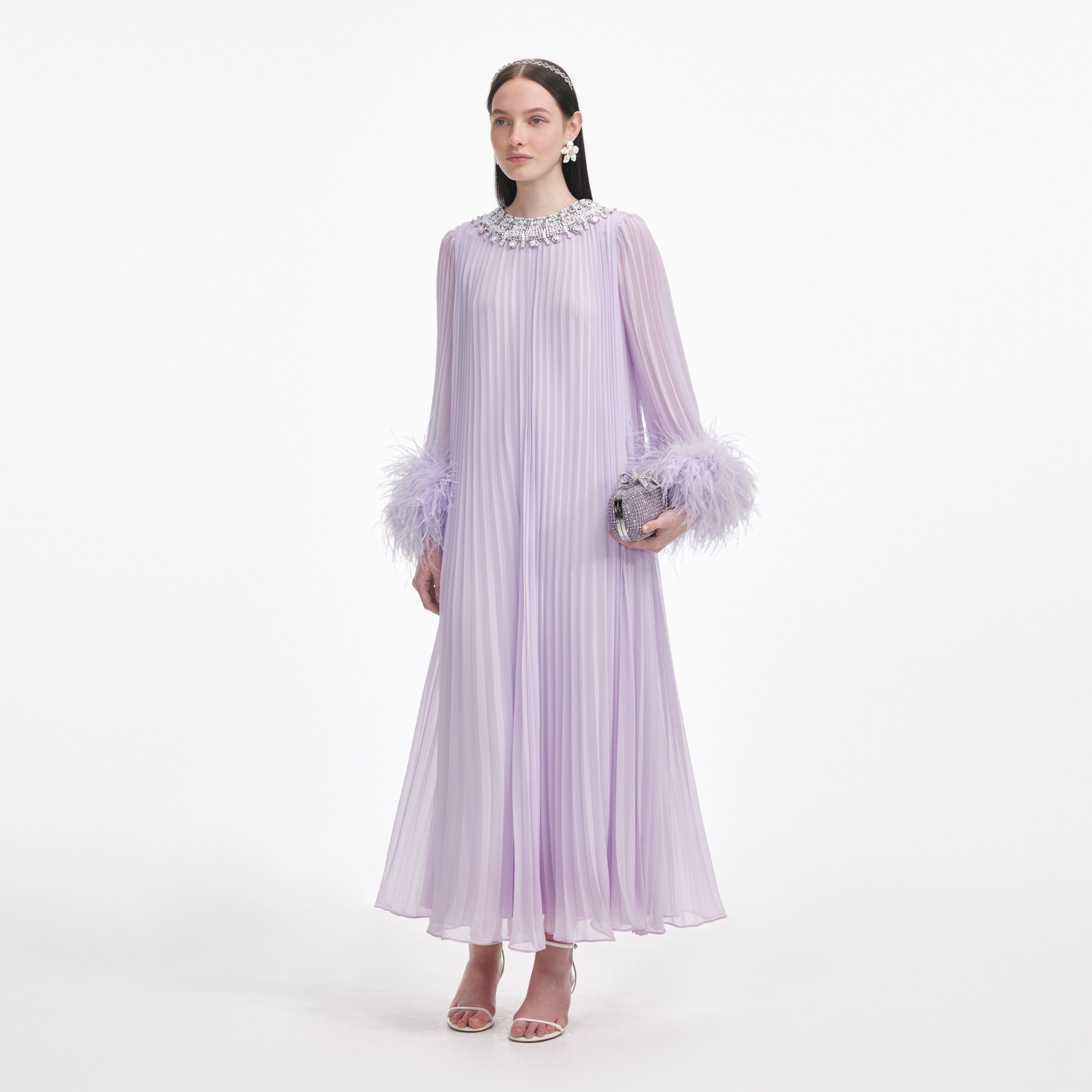 Lilac Chiffon Feather Midi Dress