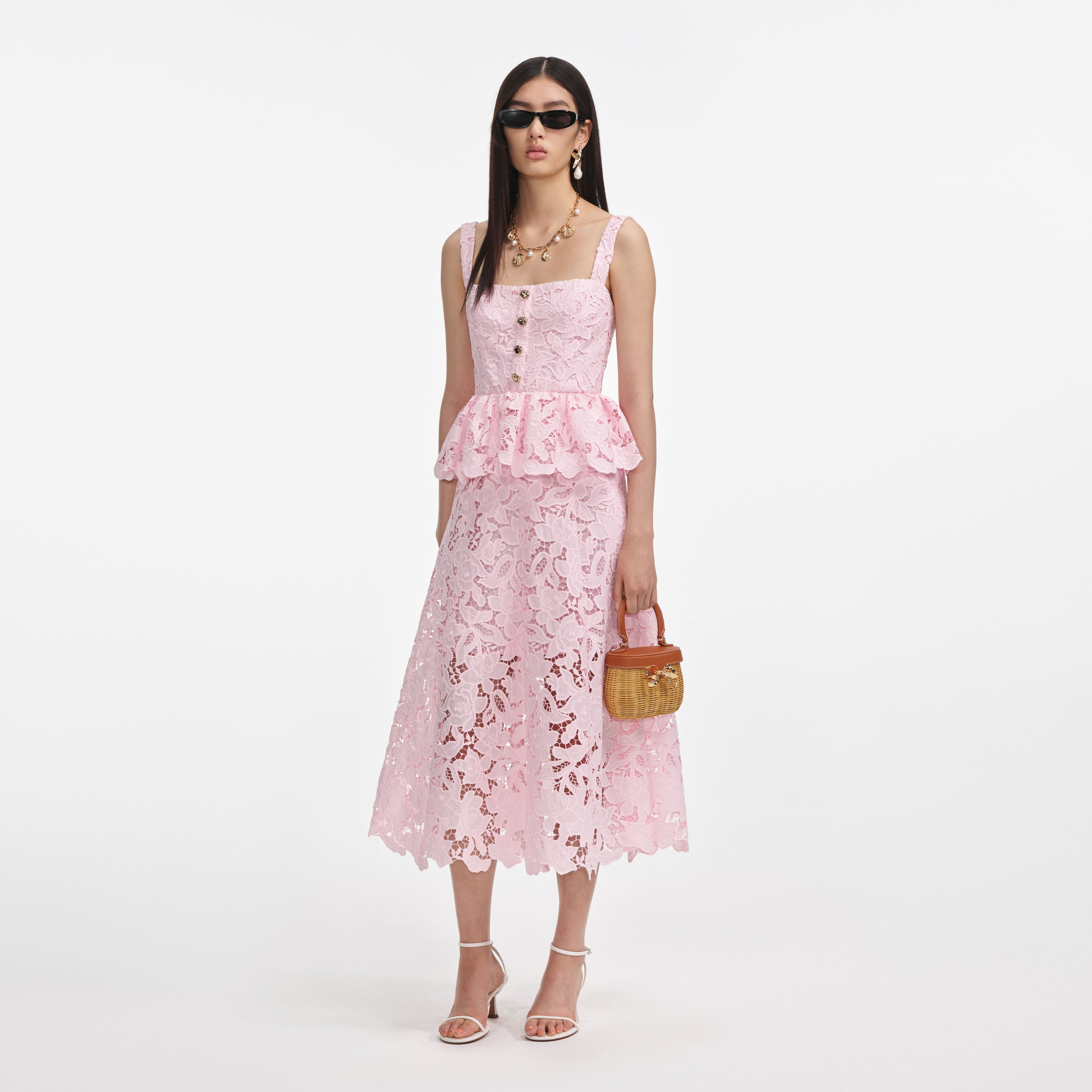 Pink Lace Peplum Midi Dress