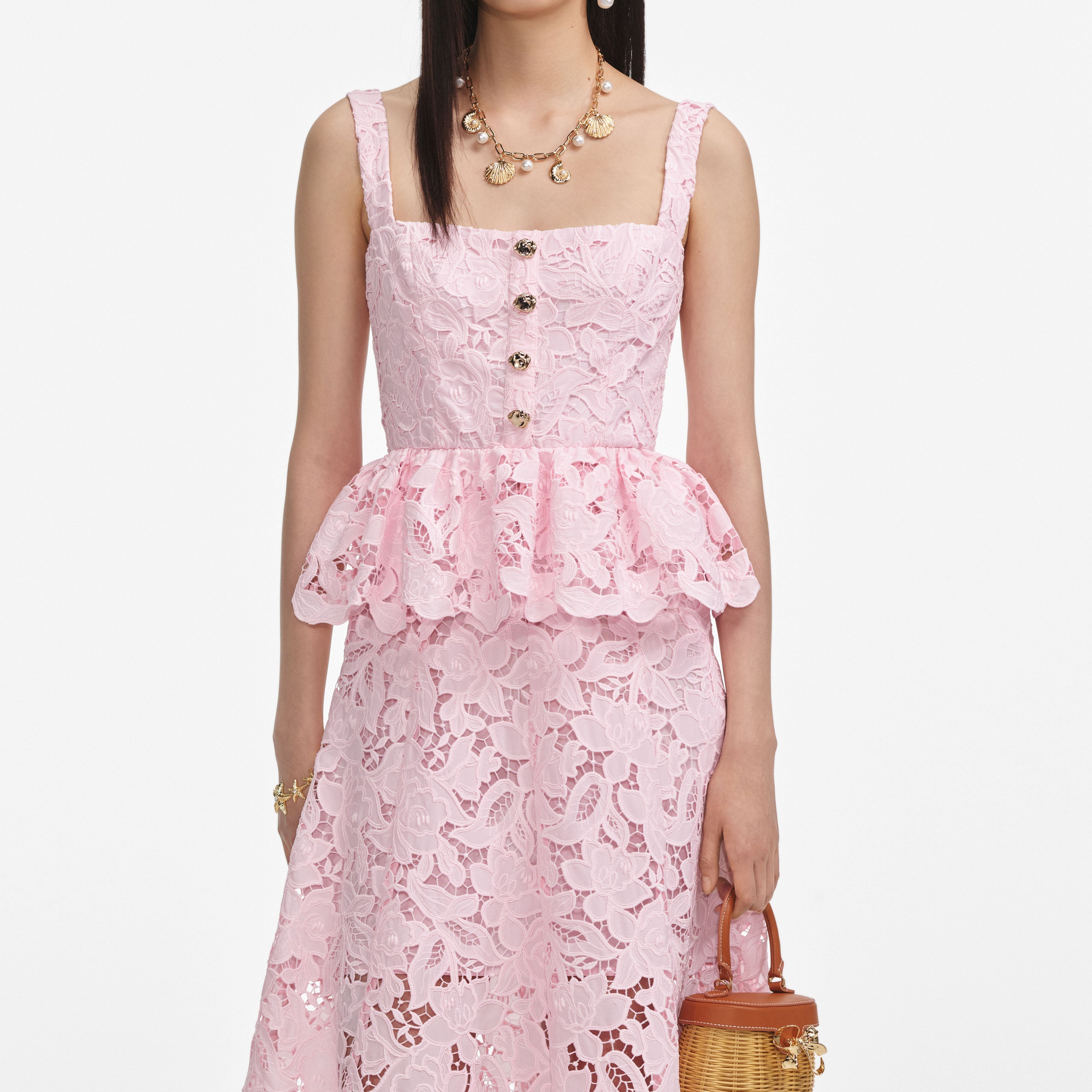 Pink Lace Peplum Midi Dress