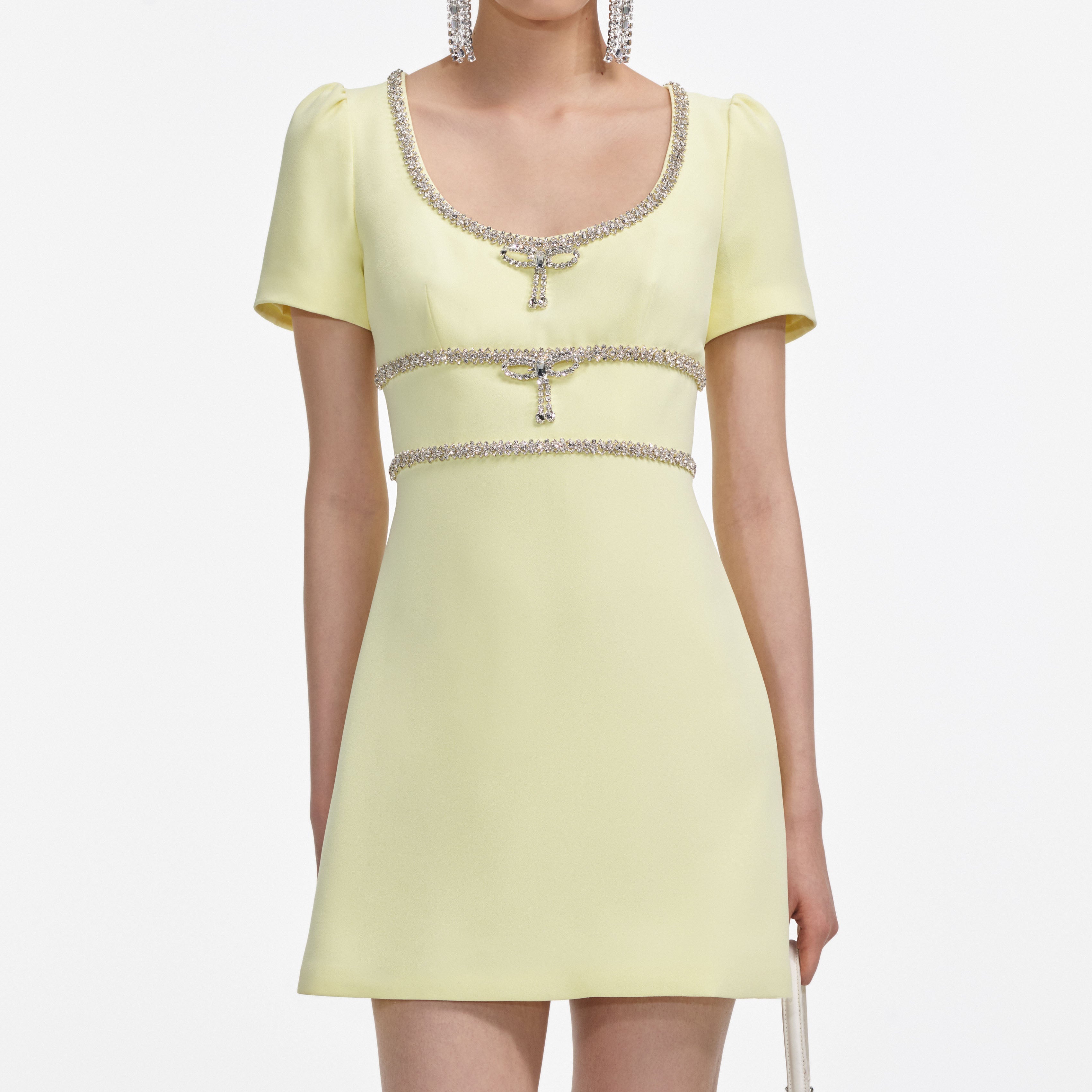 Yellow Crepe Crystal Trim Mini Dress