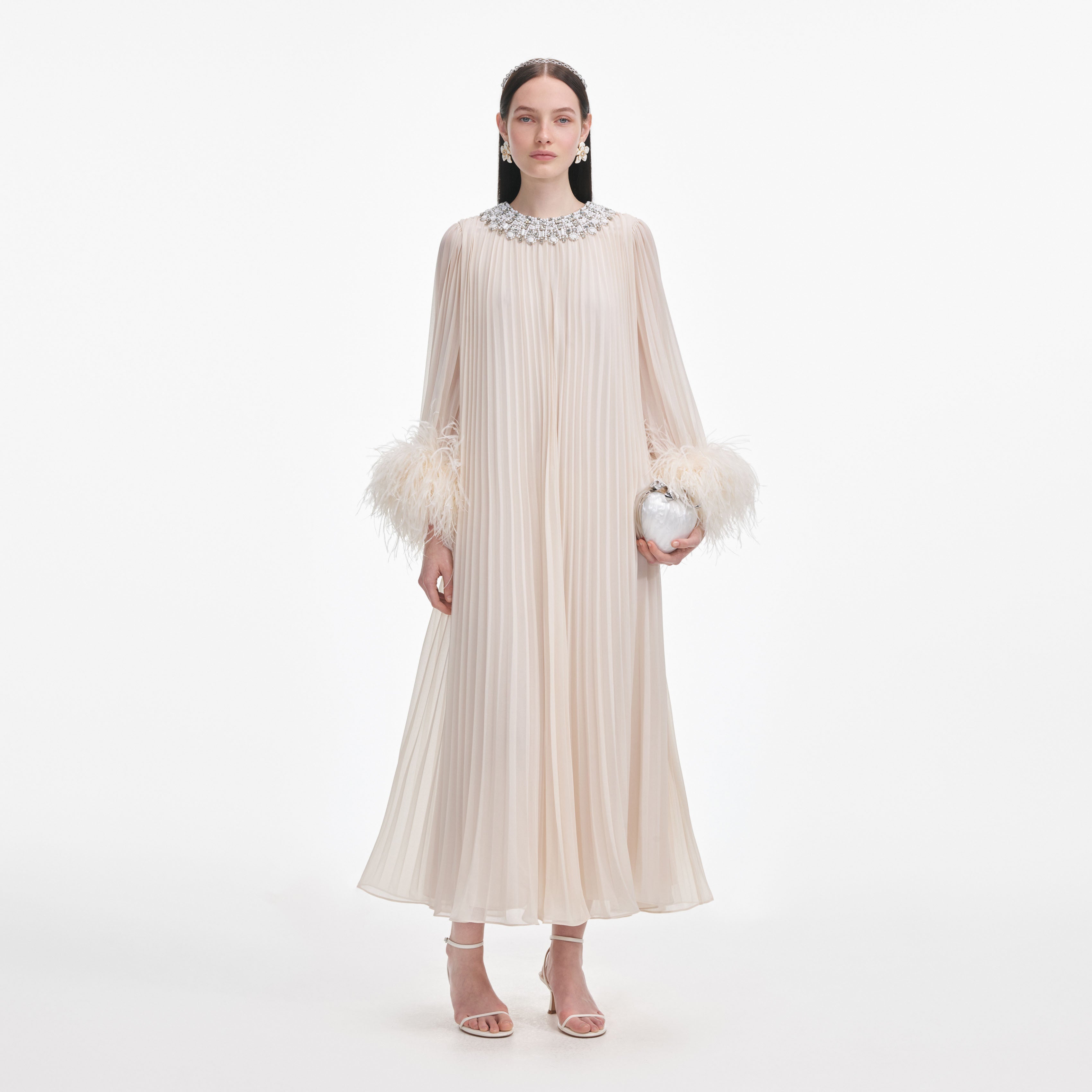 Cream Chiffon Feather Midi Dress