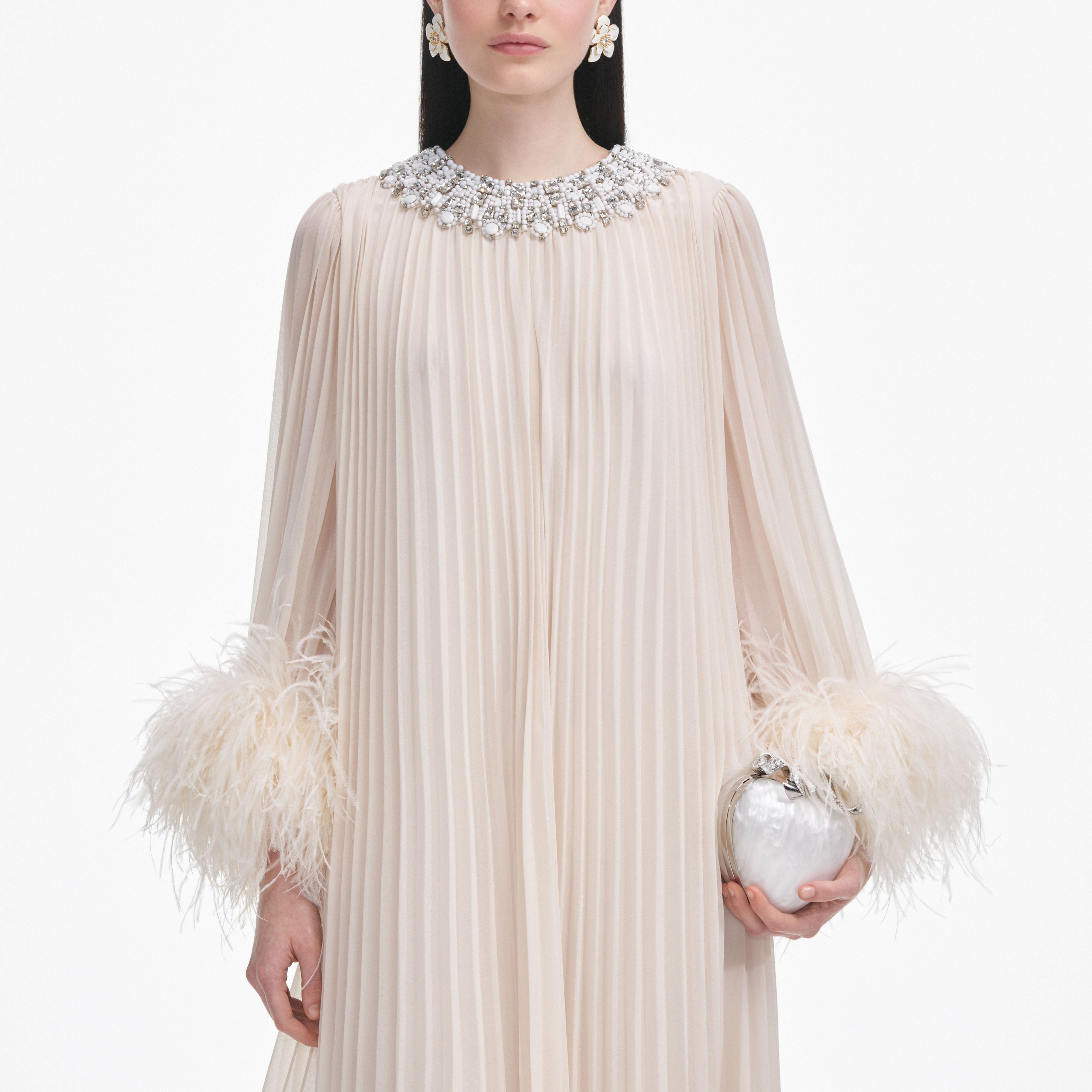 Cream Chiffon Feather Midi Dress